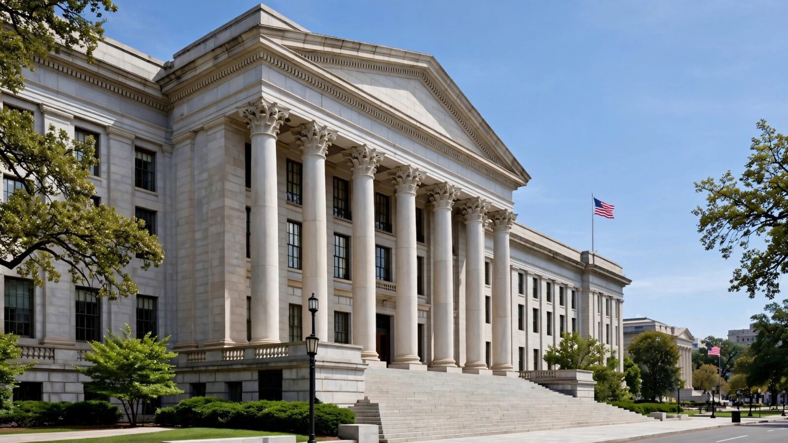 A stone federal courthouse building with tall columns and wide steps under a clear sky