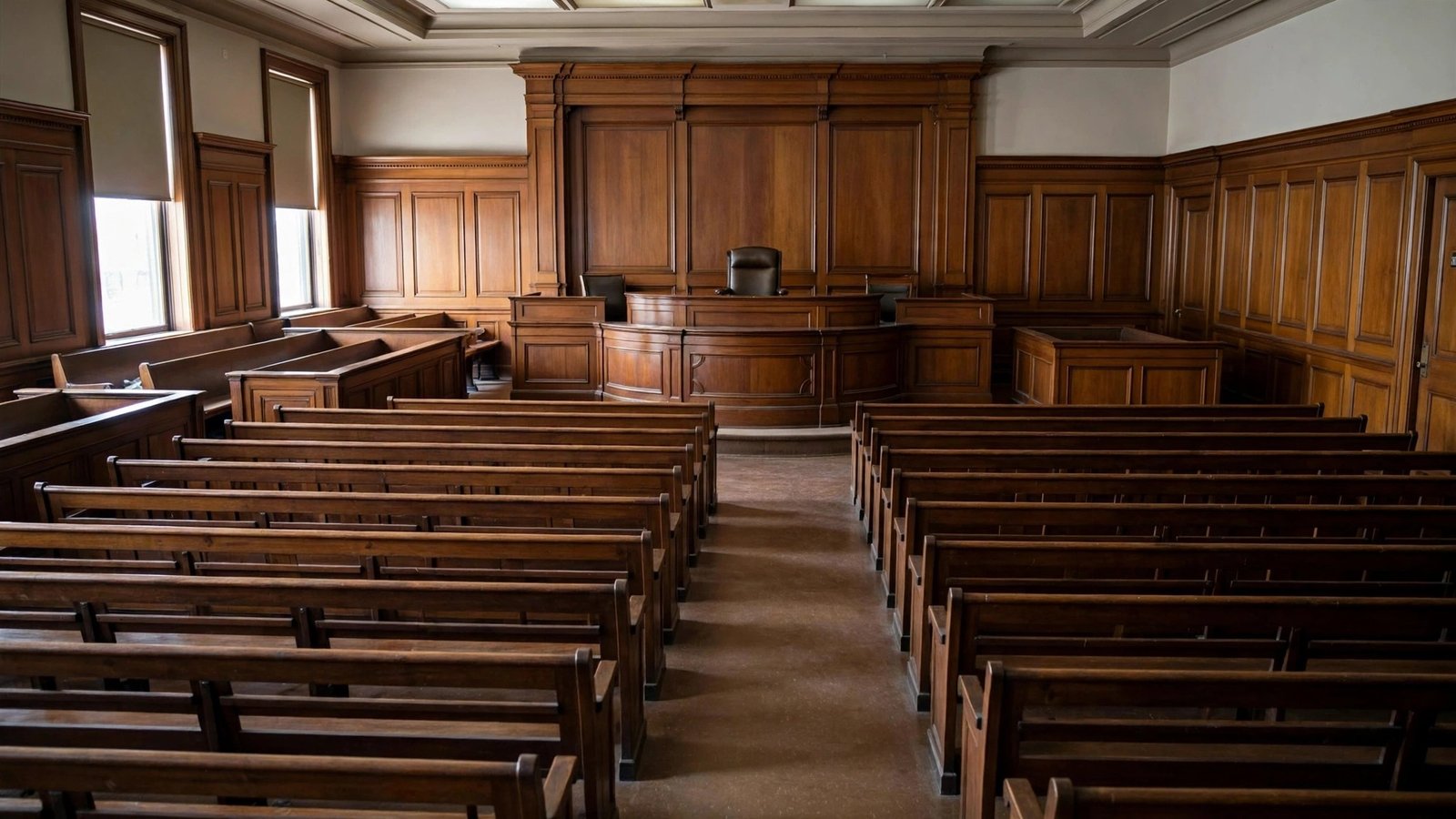 An empty wood-paneled courtroom with a judge's bench and rows of seats