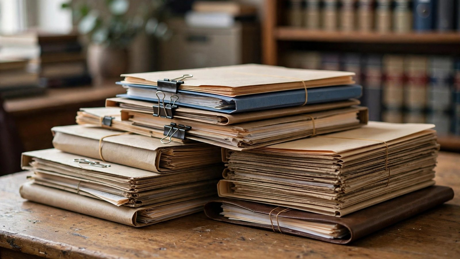 Stacks of paper case files and folders held together with binder clips on a wooden desk