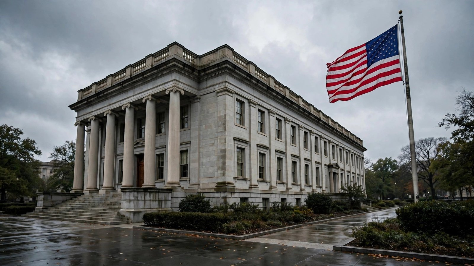 An American flag flying beside a stone government building on an overcast day