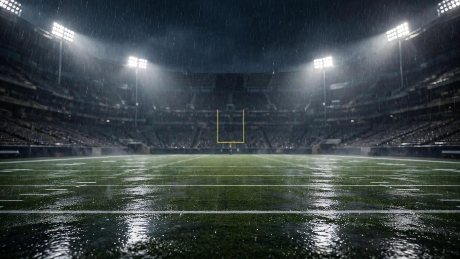 An empty professional football stadium at night with floodlights glowing through heavy rain over a wet field.