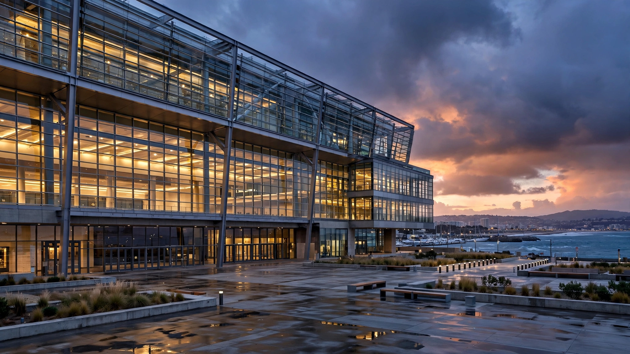 A modern glass convention center exterior at dusk, the type of venue where international summits such as APEC are held.