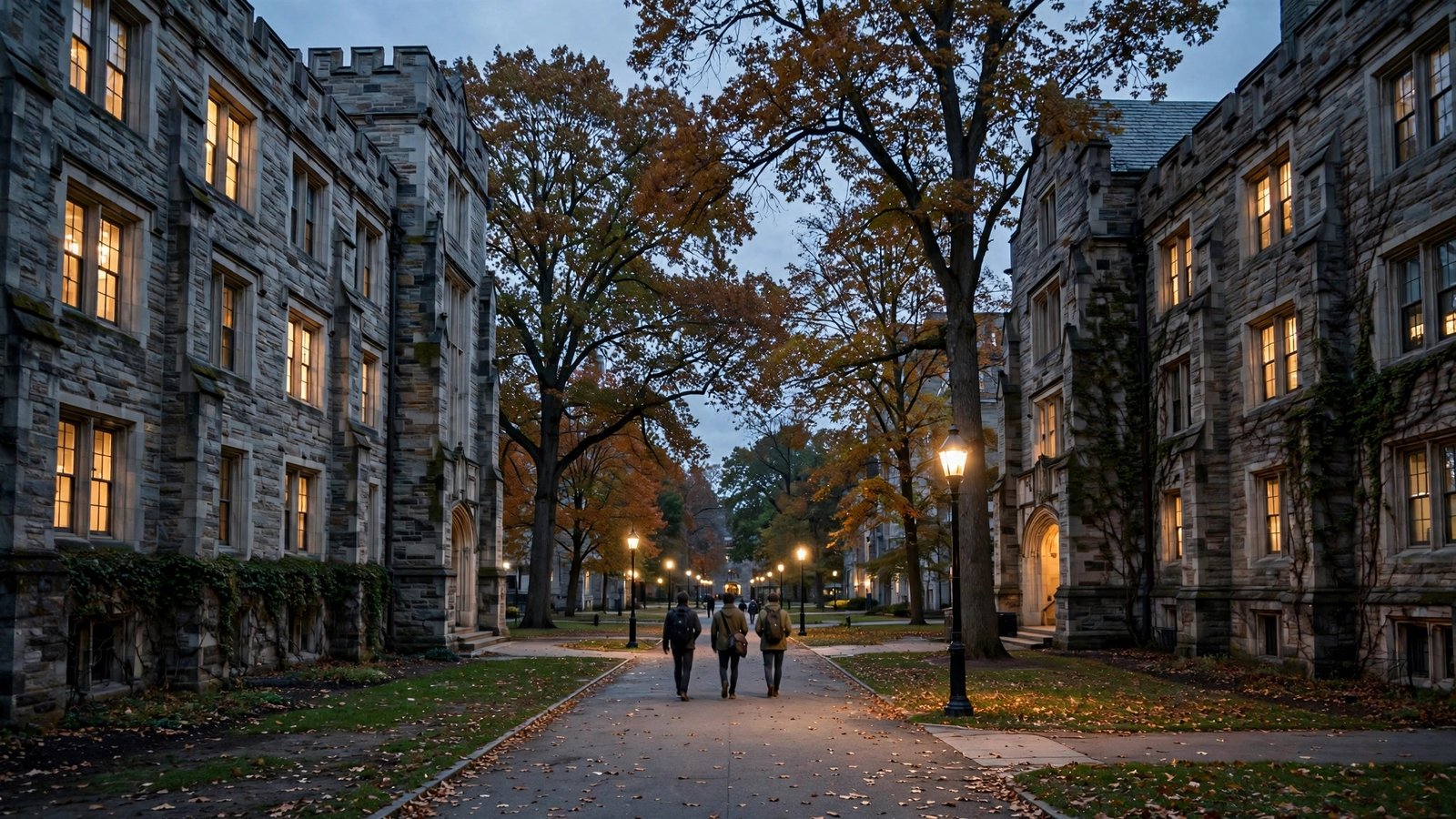 A tree-lined university campus pathway at dusk between historic stone buildings with lit windows.