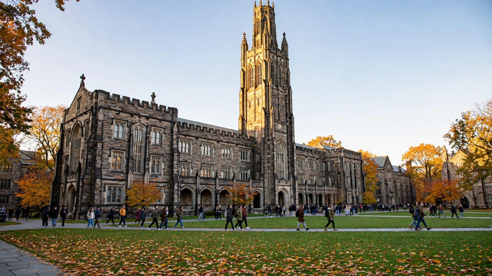 Students walking past a historic stone university building with a tall clock tower on an autumn afternoon.
