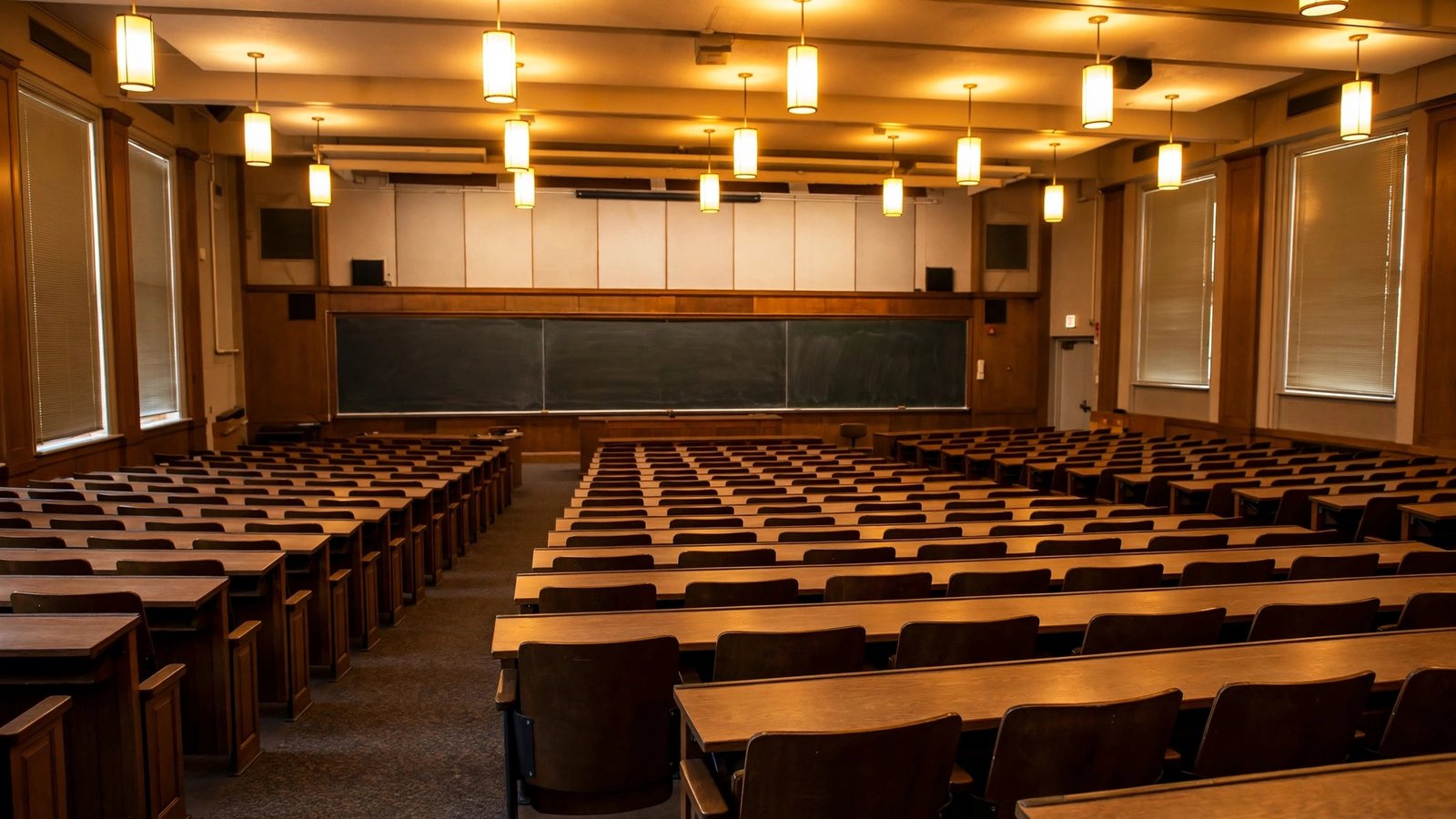 An empty university lecture hall with rows of wooden desks facing a chalkboard.
