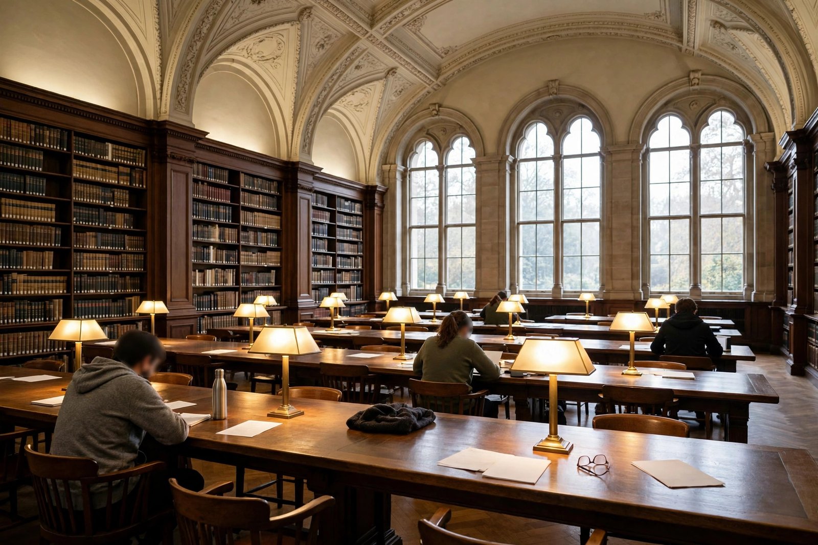 A grand university library reading room with tall bookshelves, long wooden study tables and lit reading lamps.