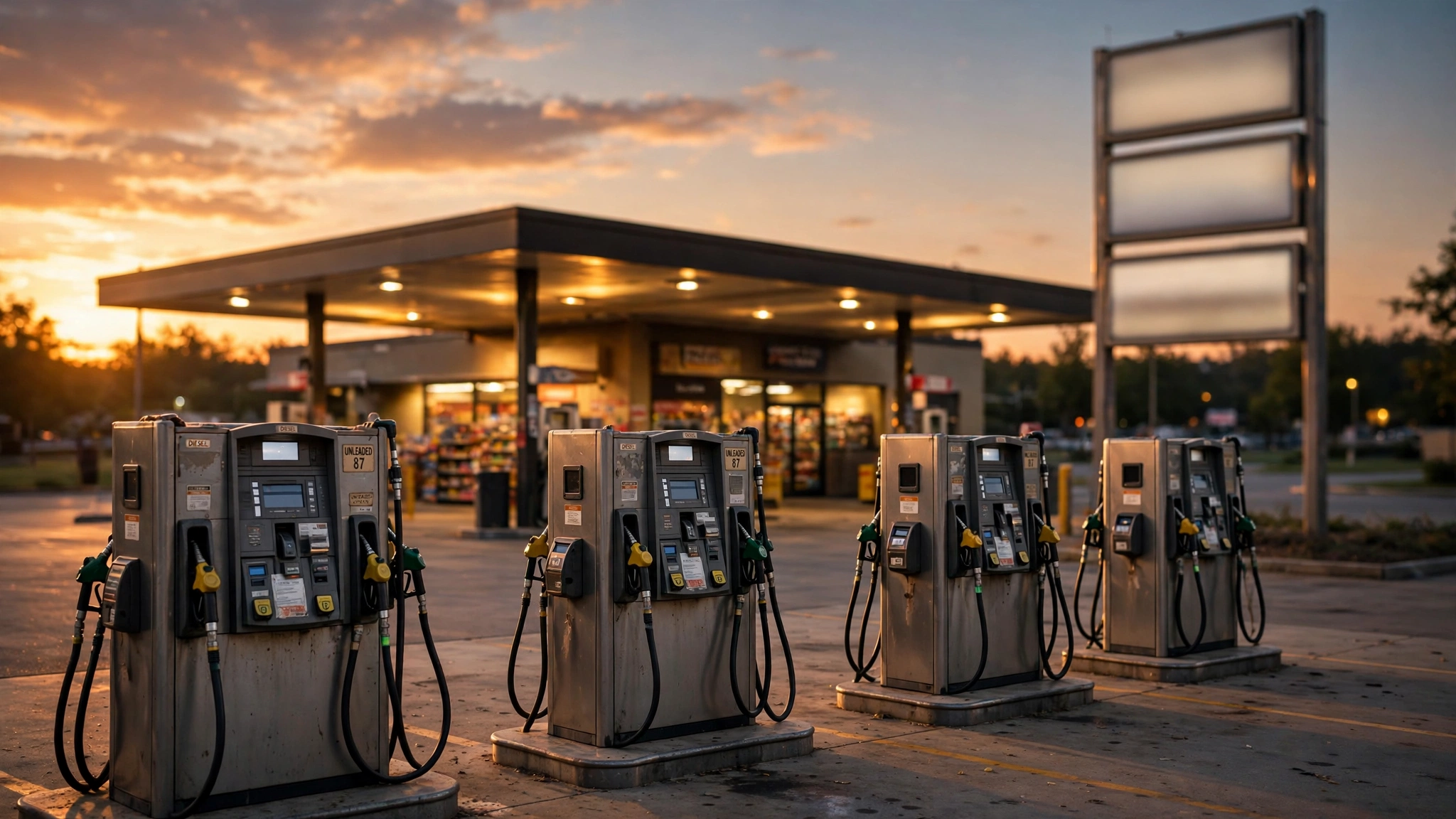 Fuel pumps at a gas station under a canopy at sunset, with a tall price sign showing blank panels