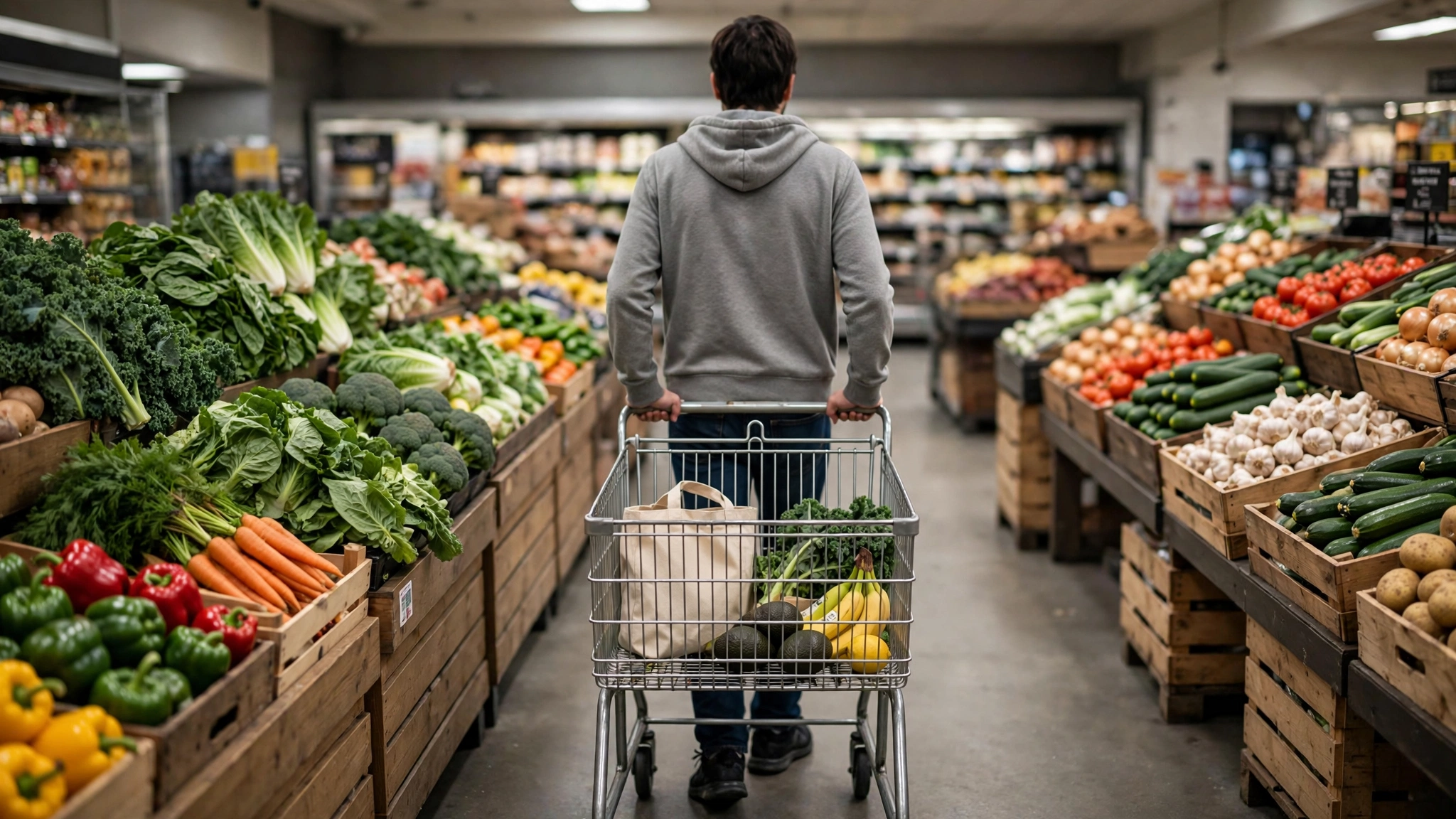 A shopper seen from behind pushing a shopping cart through a grocery store produce aisle