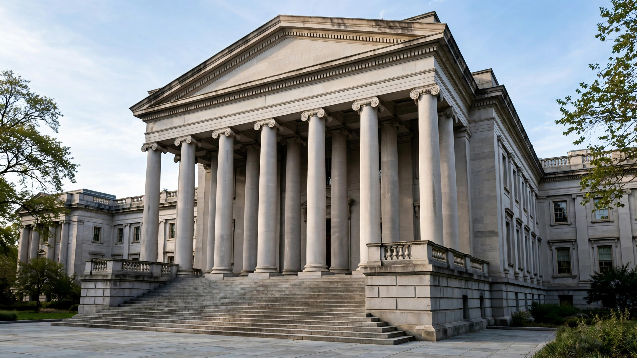 Exterior of a neoclassical government building with tall stone columns