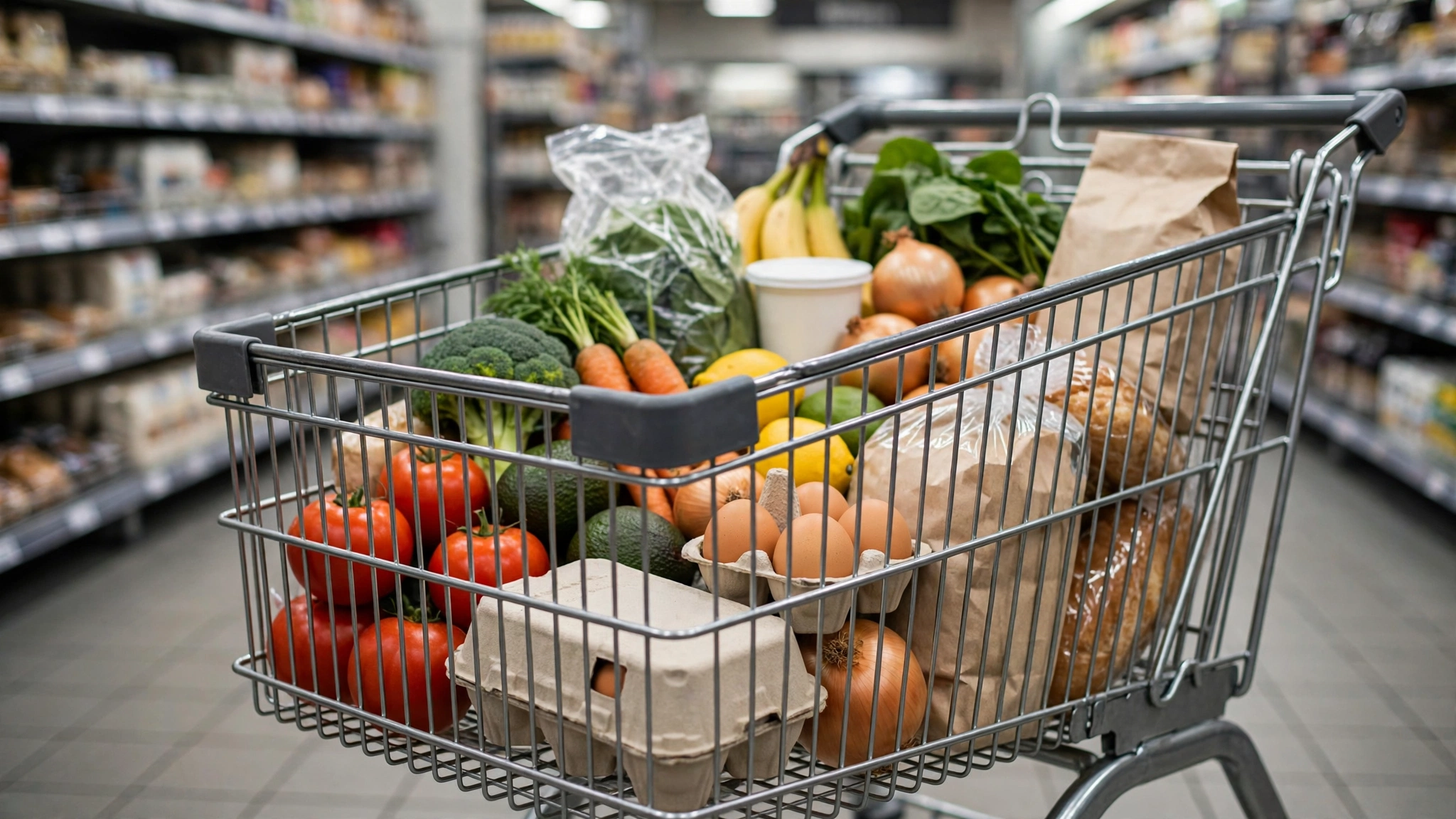 A shopping cart filled with groceries in a supermarket aisle