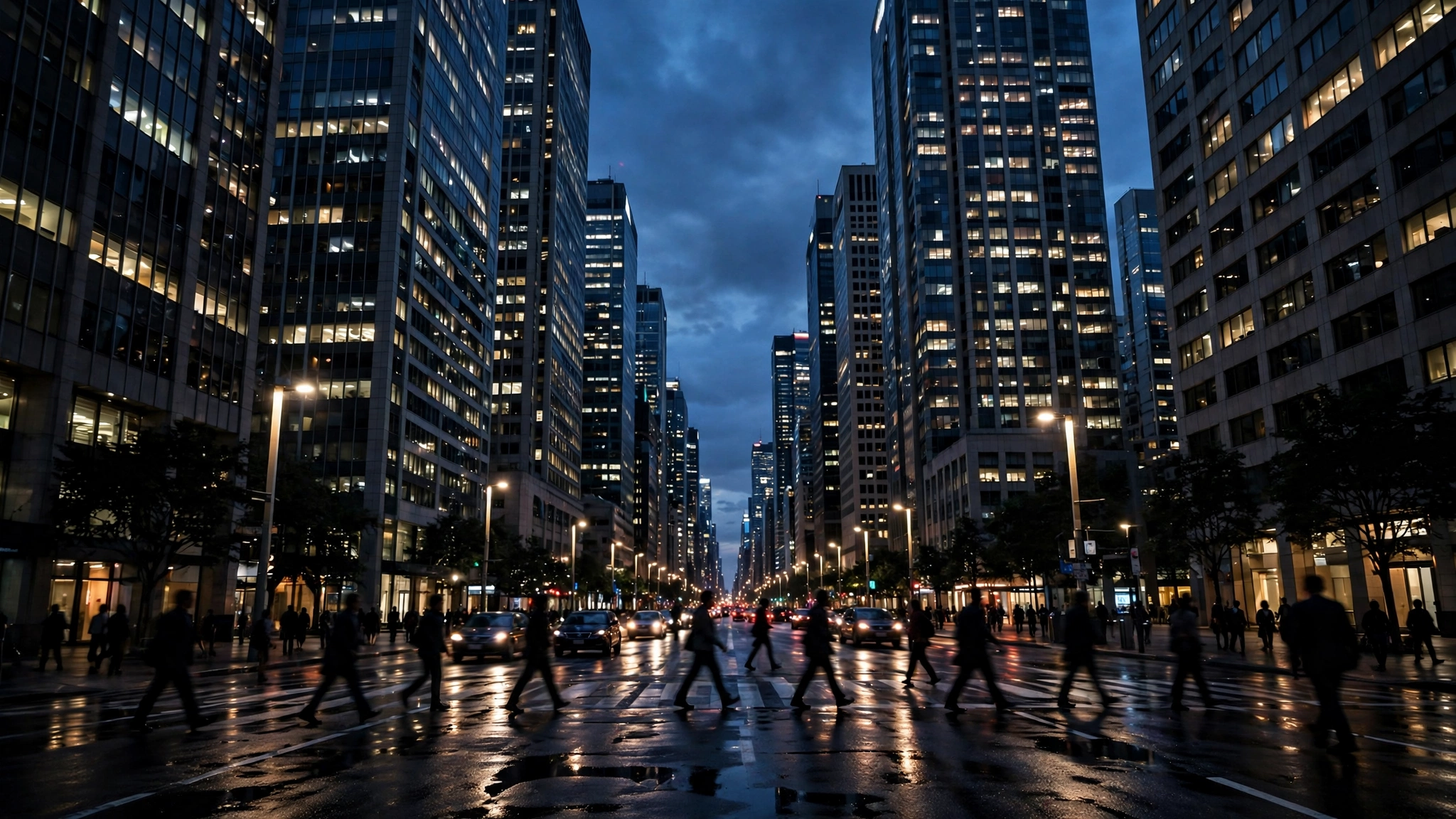 A financial district street at dusk with tall office buildings and pedestrians crossing