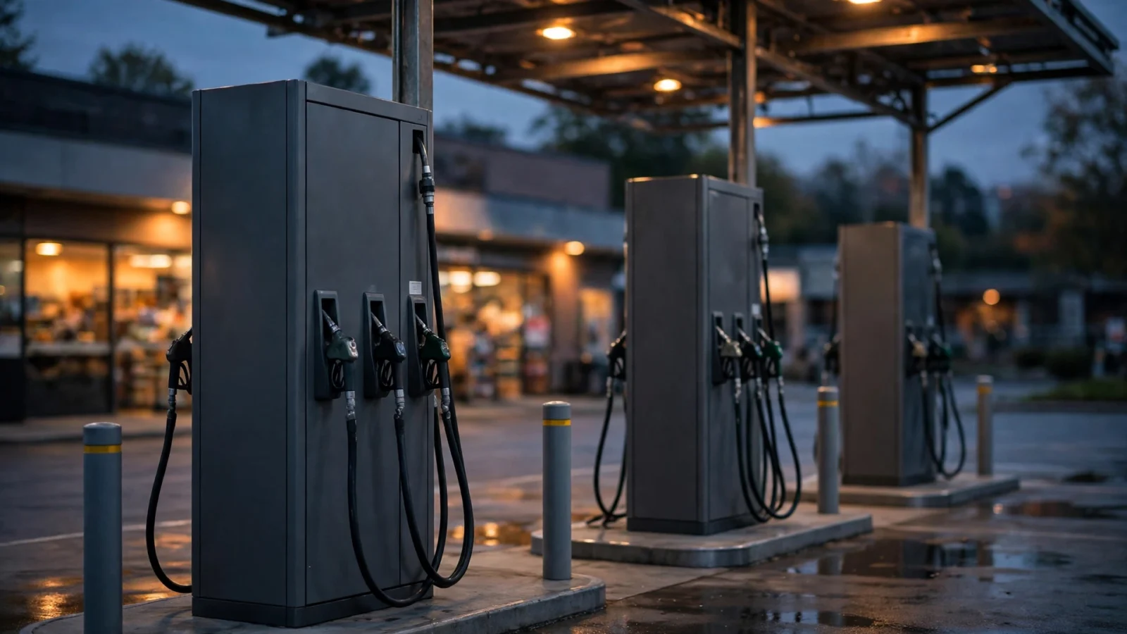 A row of fuel pumps at a gas station at dusk, with a convenience store lit in the background