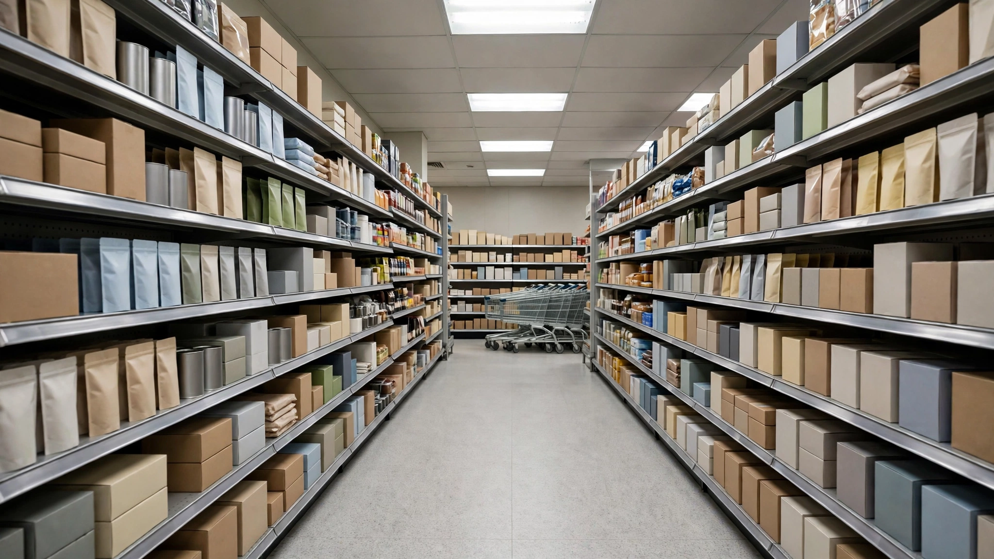 An empty supermarket grocery aisle with stocked shelves on both sides and shopping carts at the far end