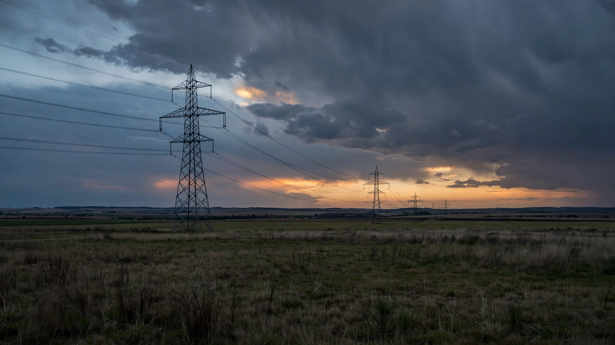 High-voltage electricity transmission towers with power lines stretching across a field at dusk