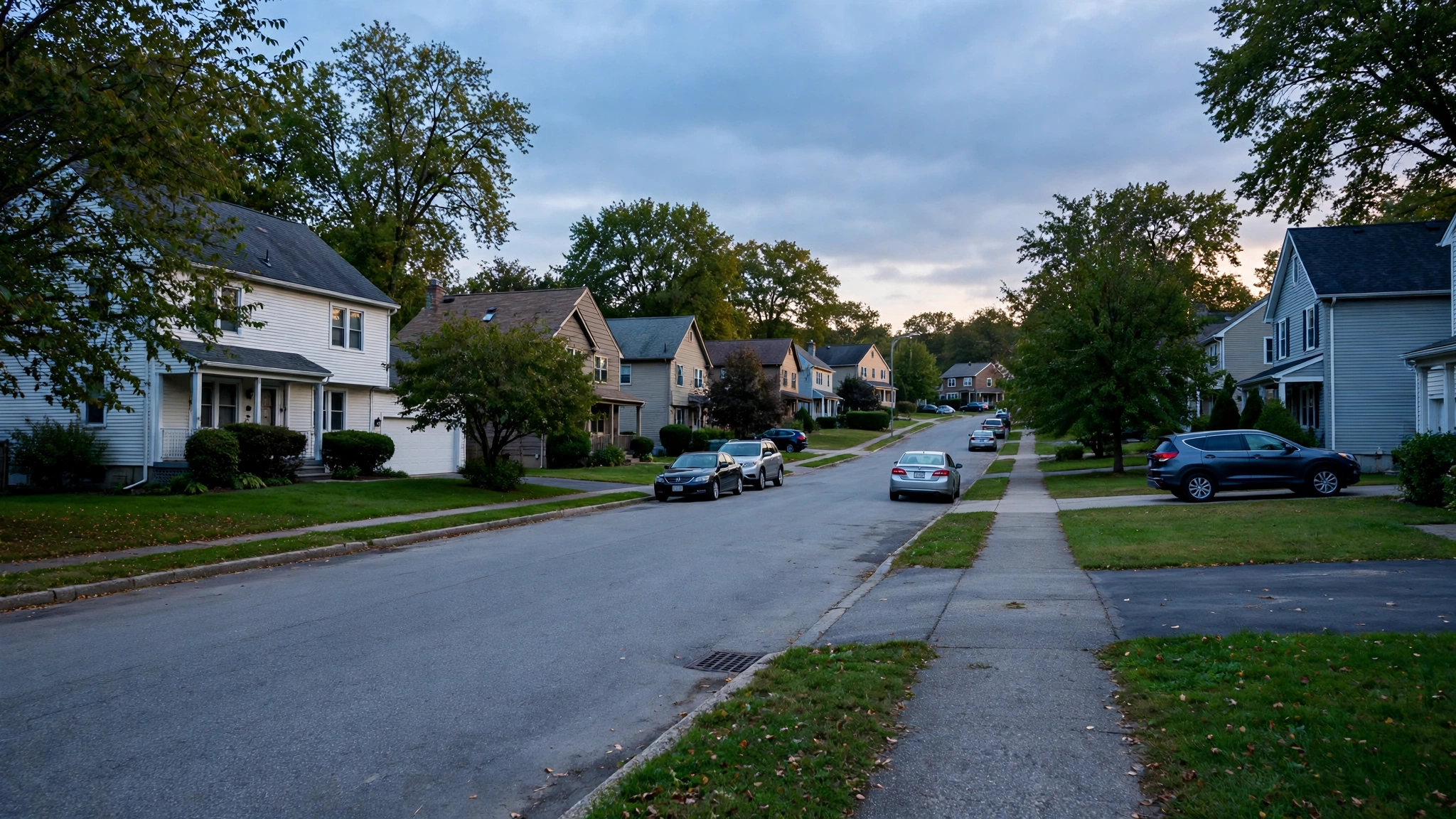 A quiet suburban street lined with single-family homes, green lawns and parked cars in the evening light