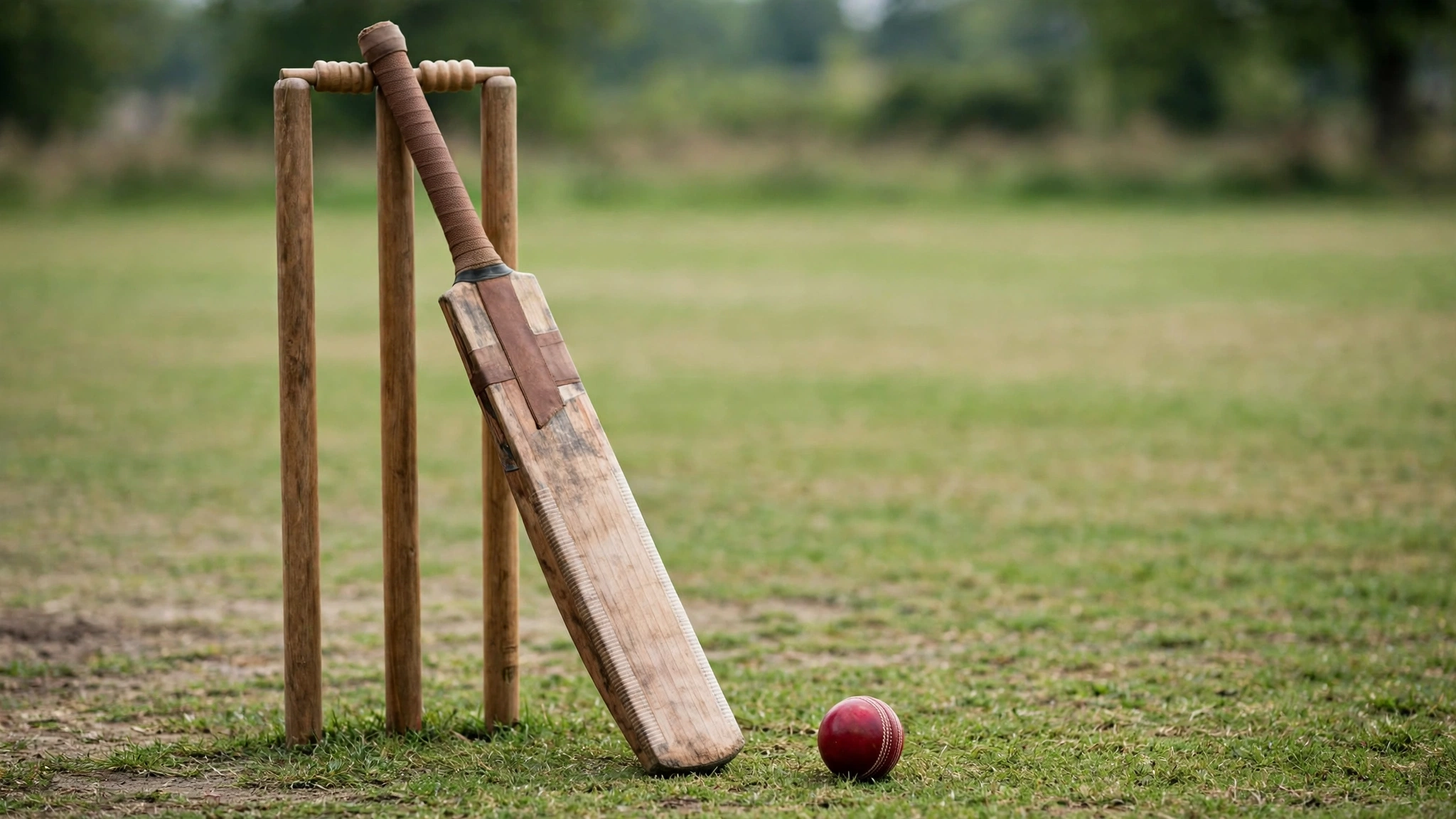 A cricket bat leaning against wooden stumps with a red cricket ball on the grass.