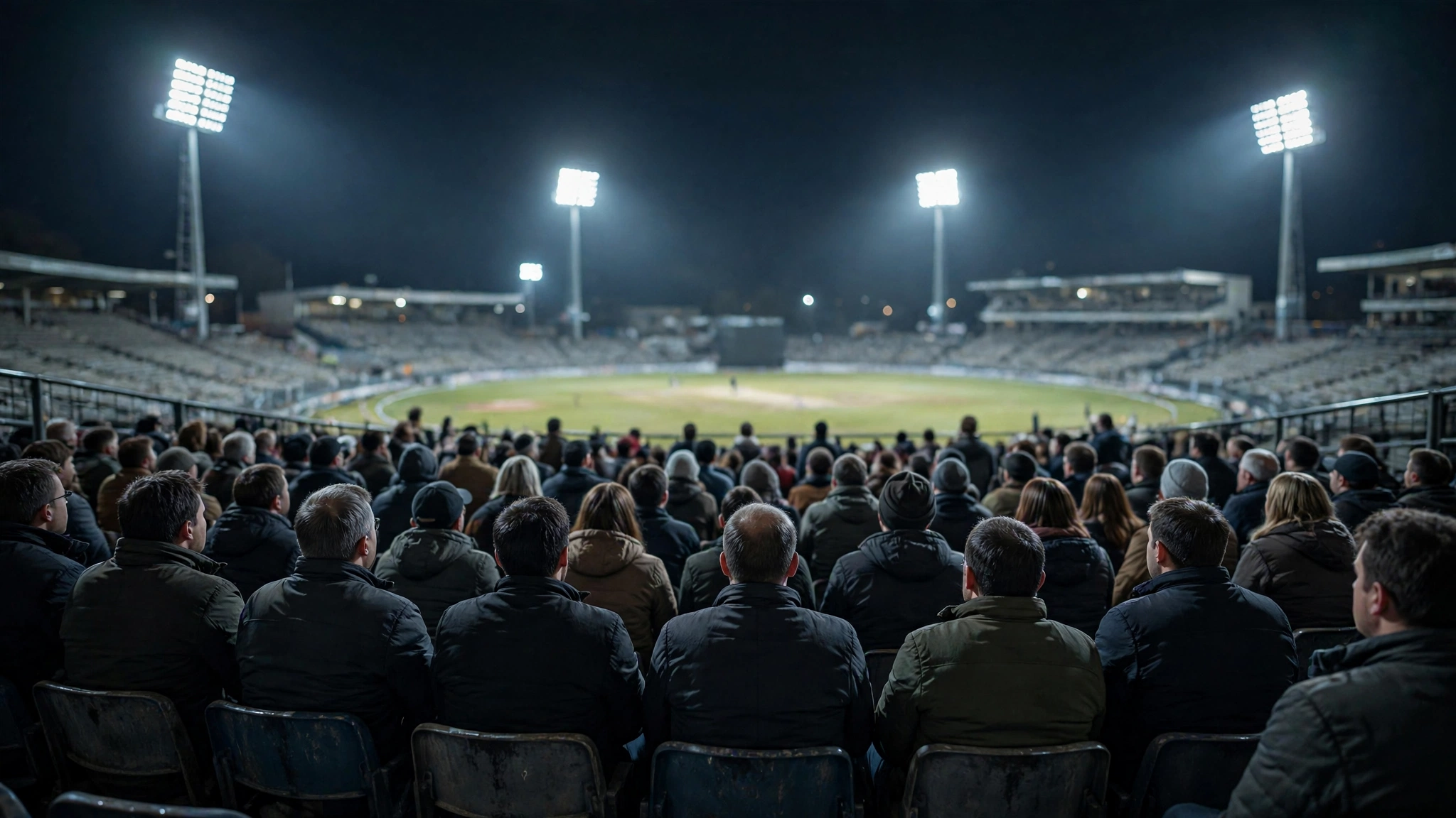 Spectators seated in a stadium stand watching a cricket match under floodlights at night.
