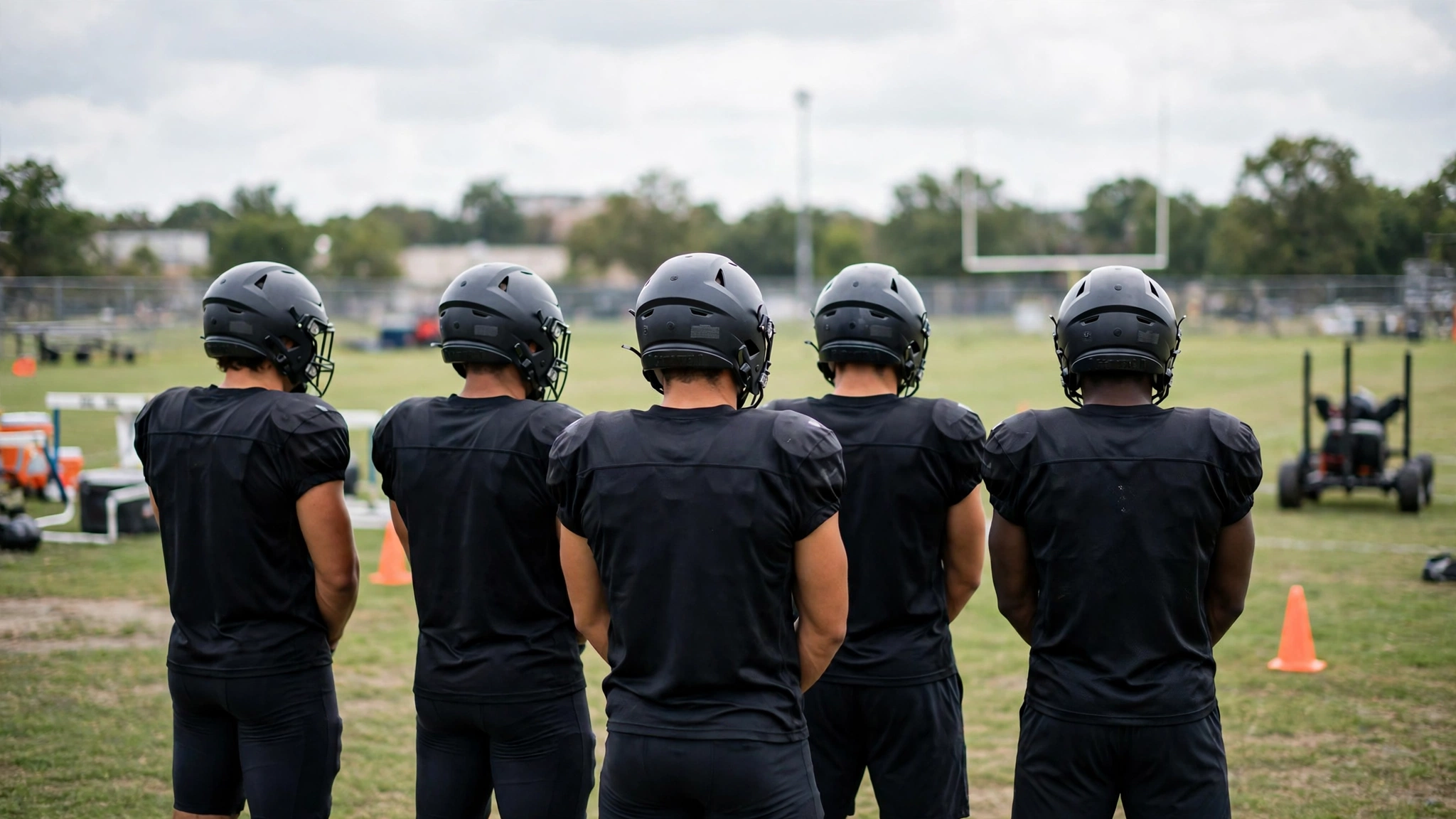 Football players in plain dark practice uniforms seen from behind on a practice field