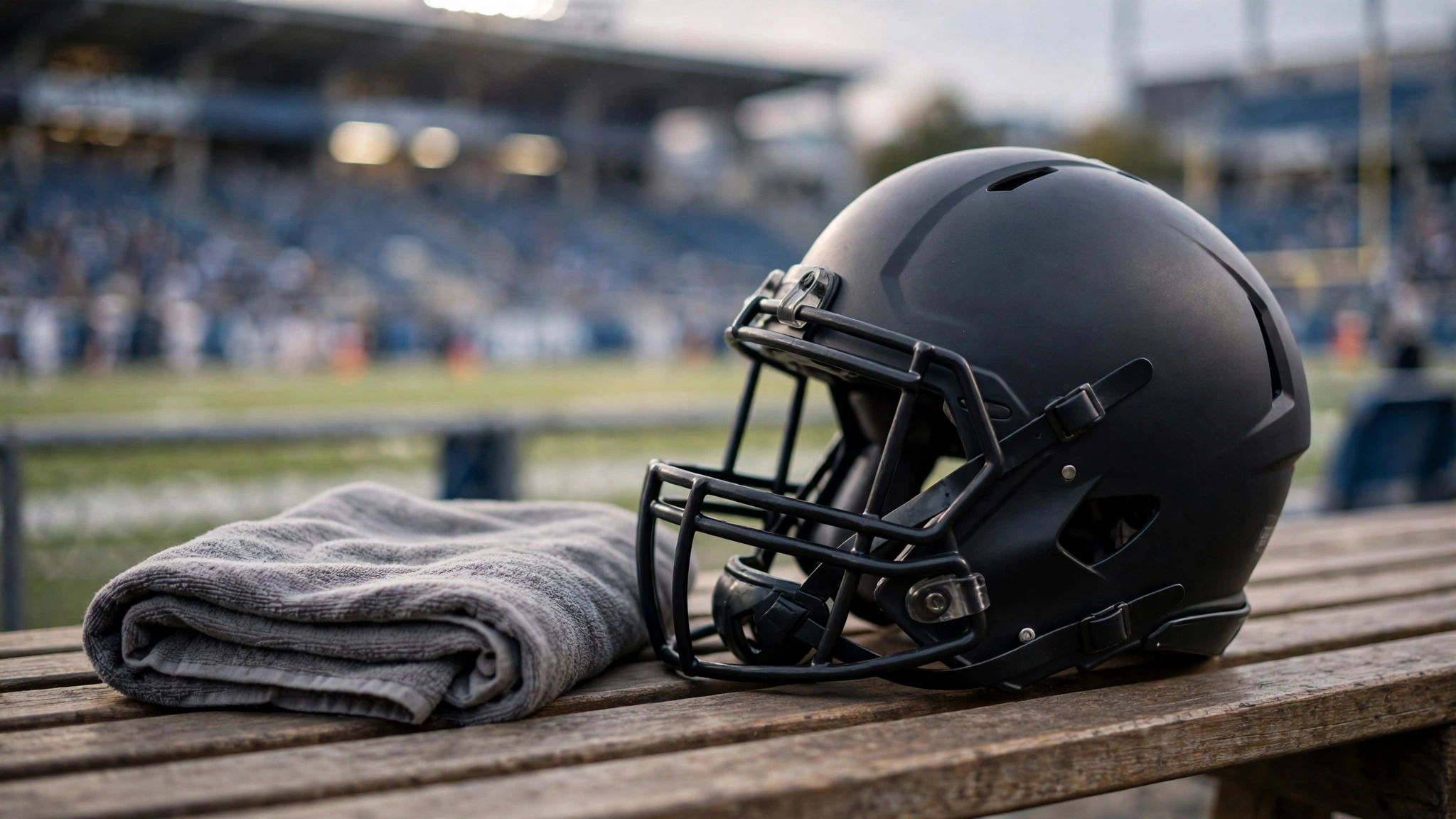 A plain black football helmet and a folded gray towel on a wooden bench