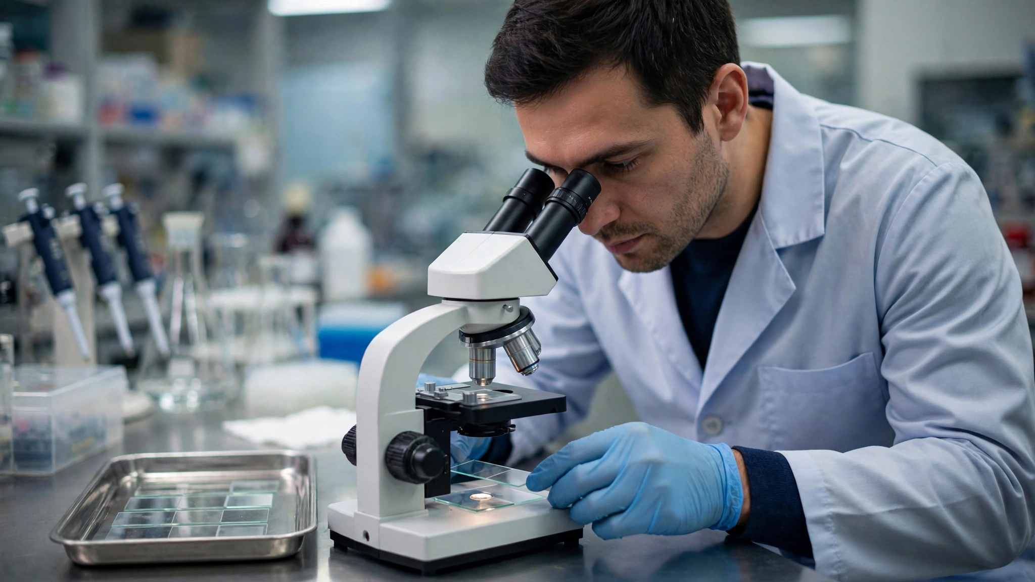 A researcher in a lab coat and blue gloves looking through a microscope at glass slides