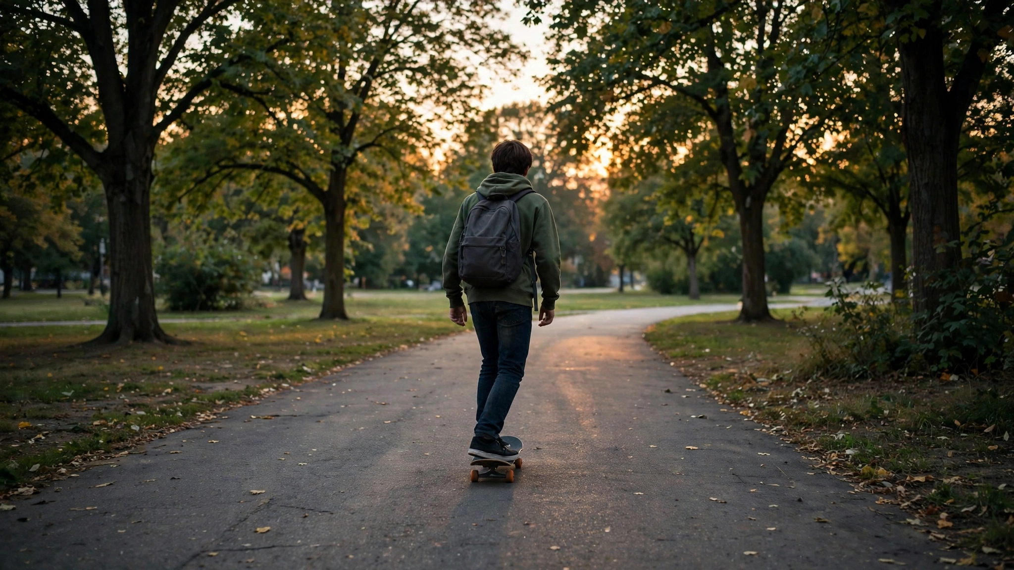 A teenager riding a skateboard away from the camera on a paved park path at sunset