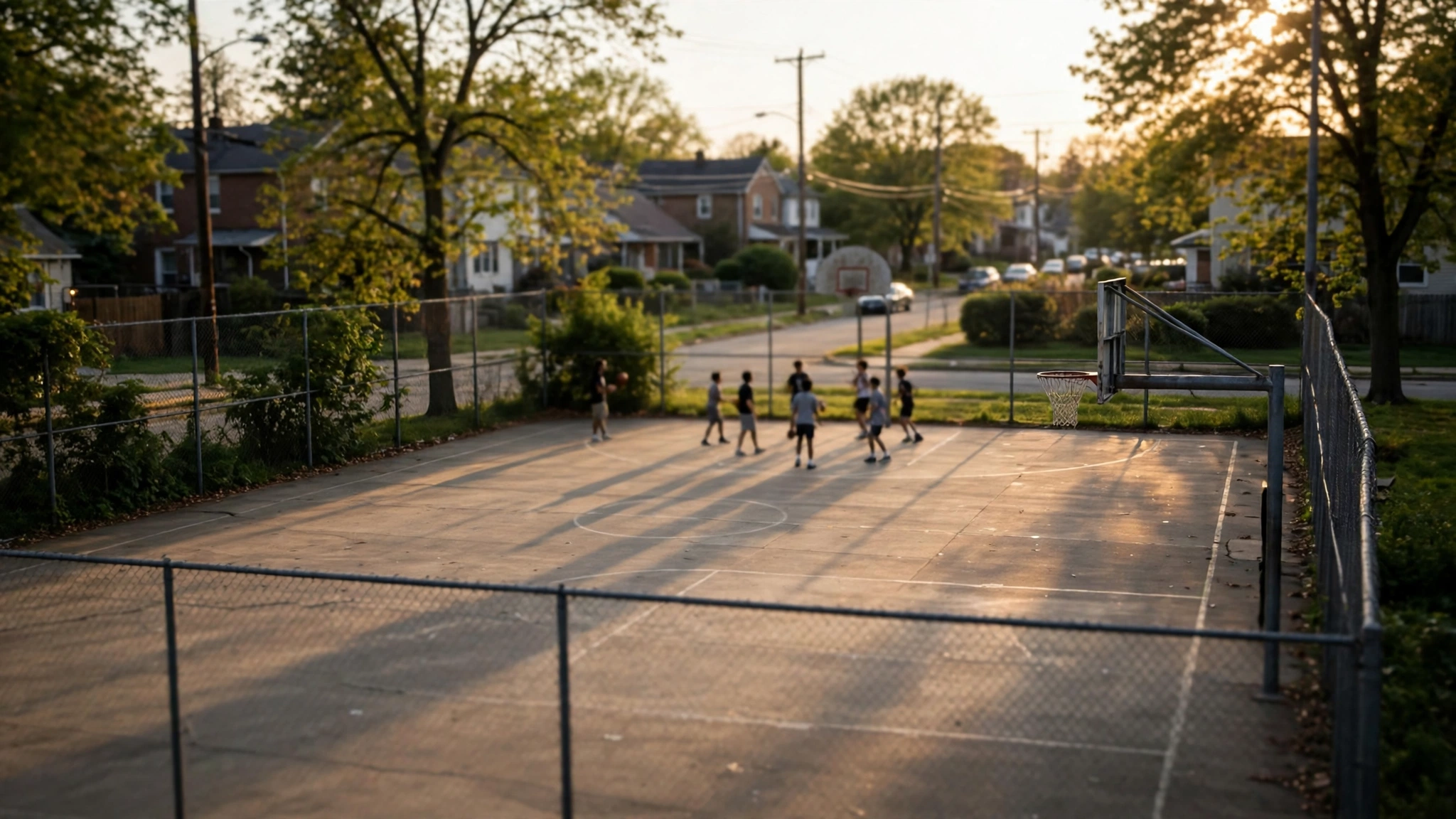 Young people playing basketball on an outdoor neighborhood court in late afternoon light