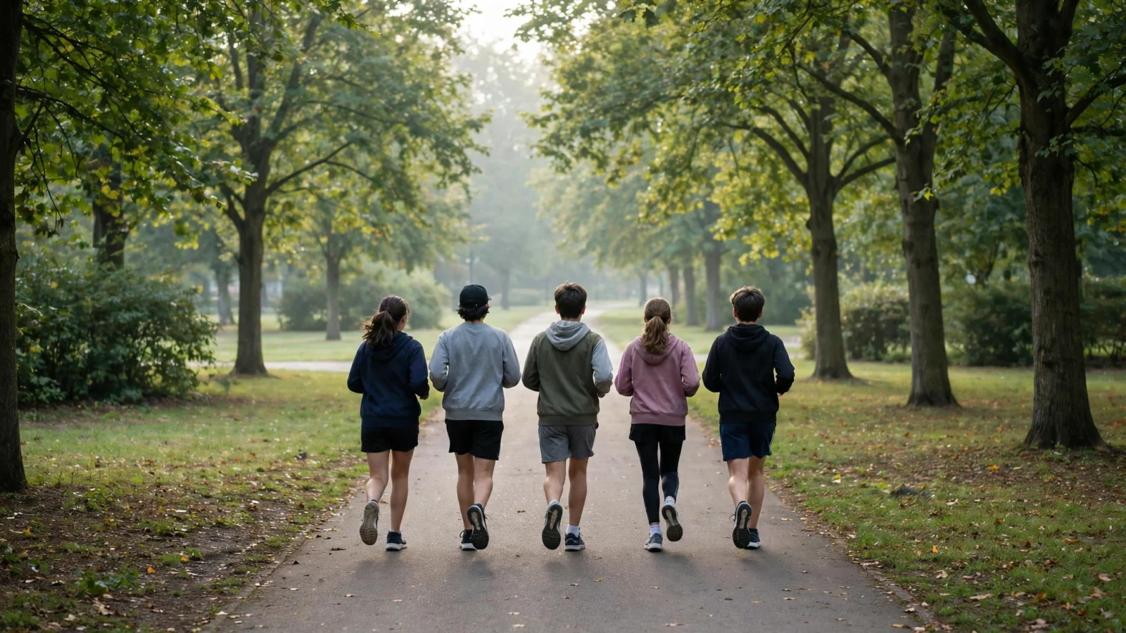 Five young people jogging together away from the camera on a tree-lined park path