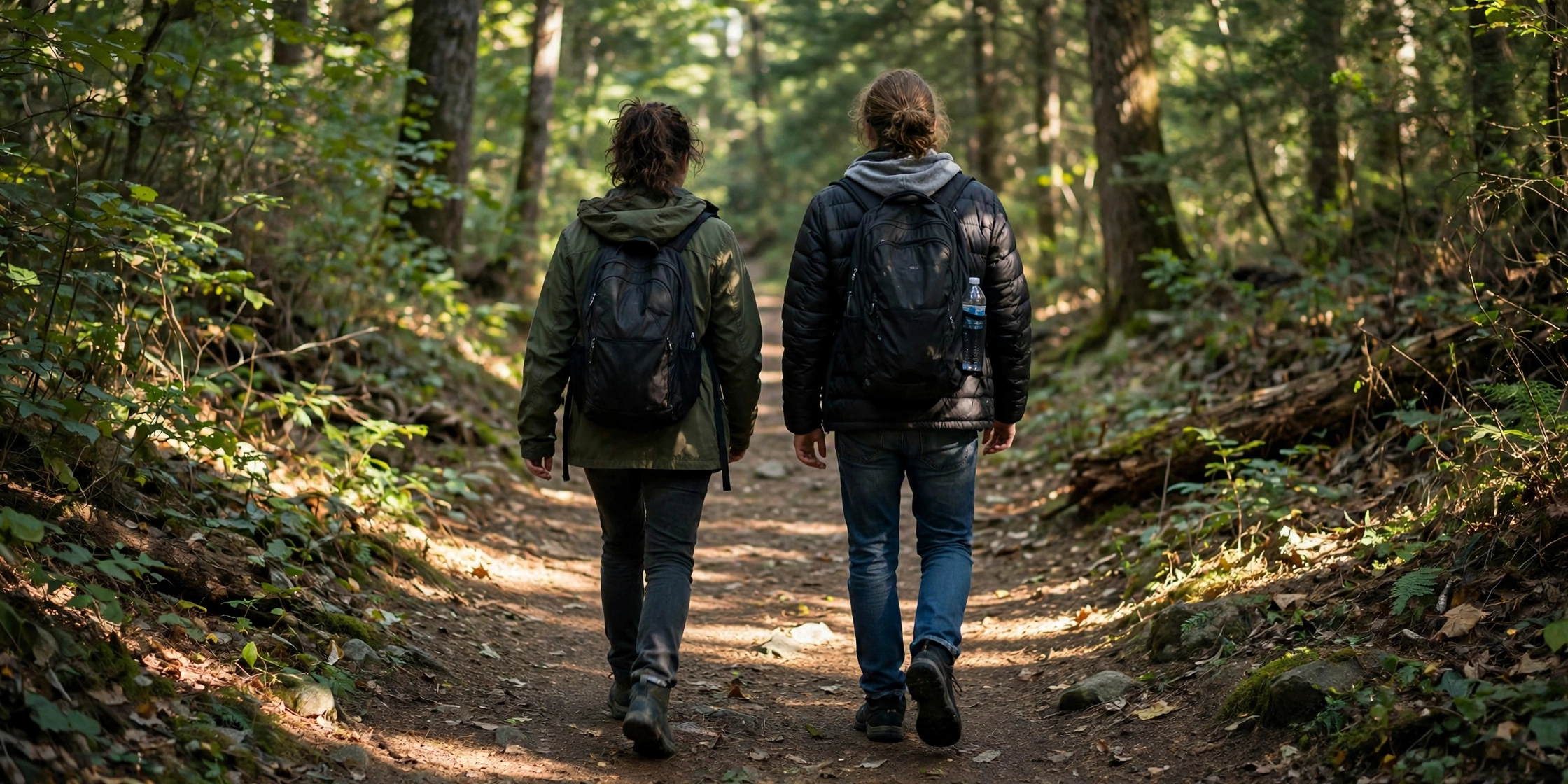 Two young people with backpacks walking away from the camera on a wooded trail