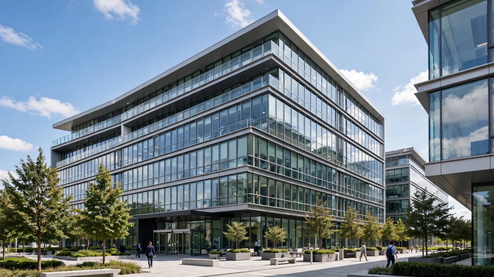 A modern glass office building on a sunny day.