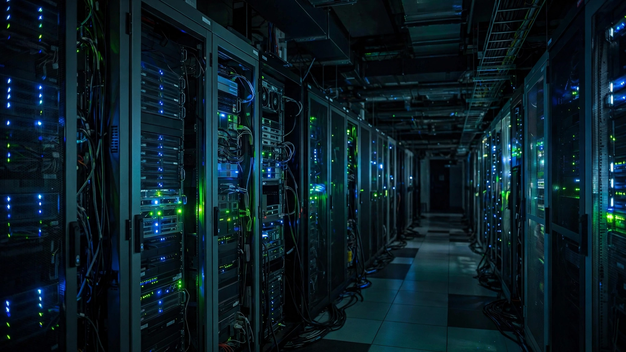 Rows of server racks with blue and green indicator lights in a dark data center.