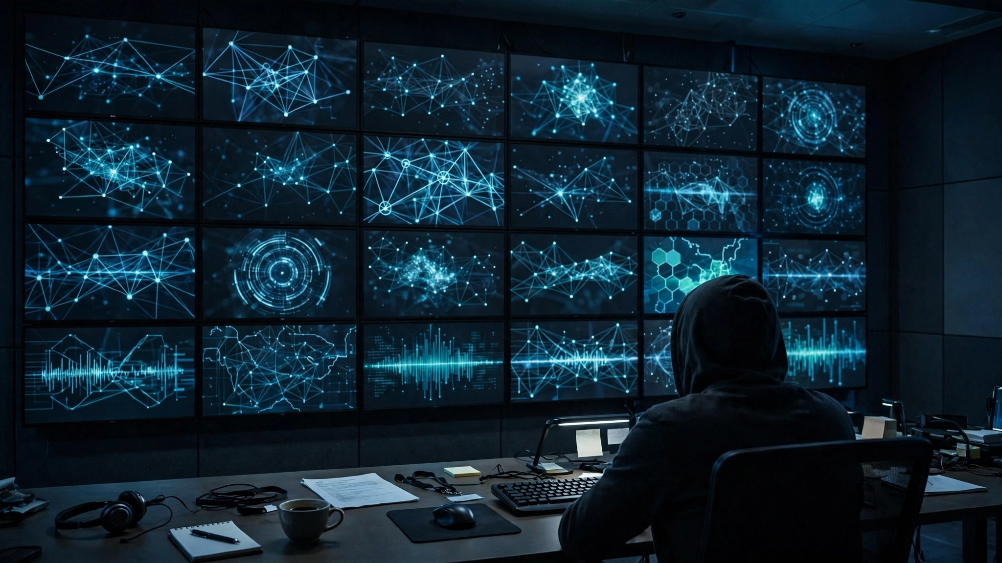 A silhouetted analyst seen from behind, sitting at a desk in front of a wall of monitors showing network graphics.