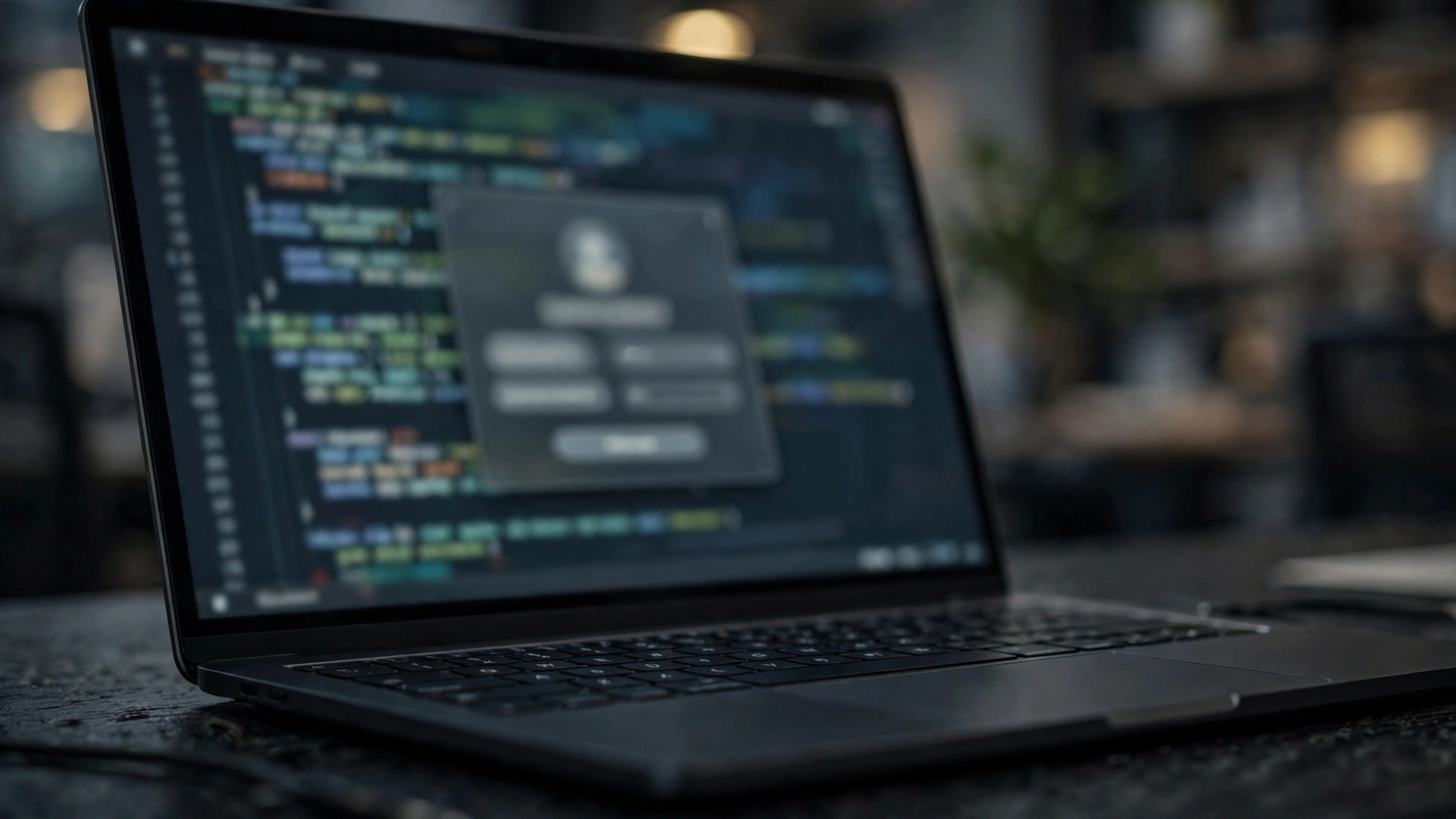 A laptop on a desk showing blurred lines of code and a login dialog on its screen.