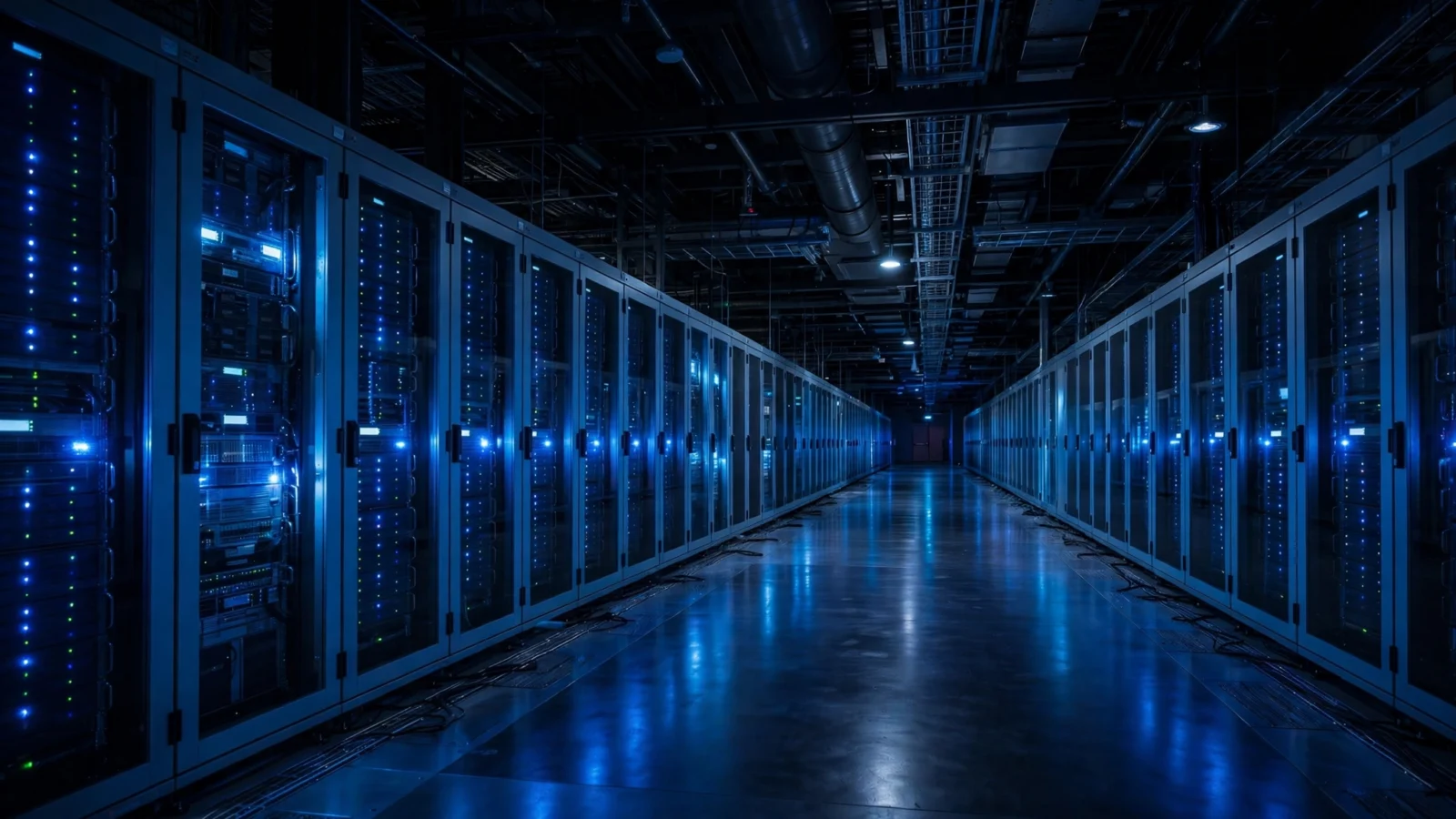 A long aisle between rows of glowing blue server racks inside a dark data center