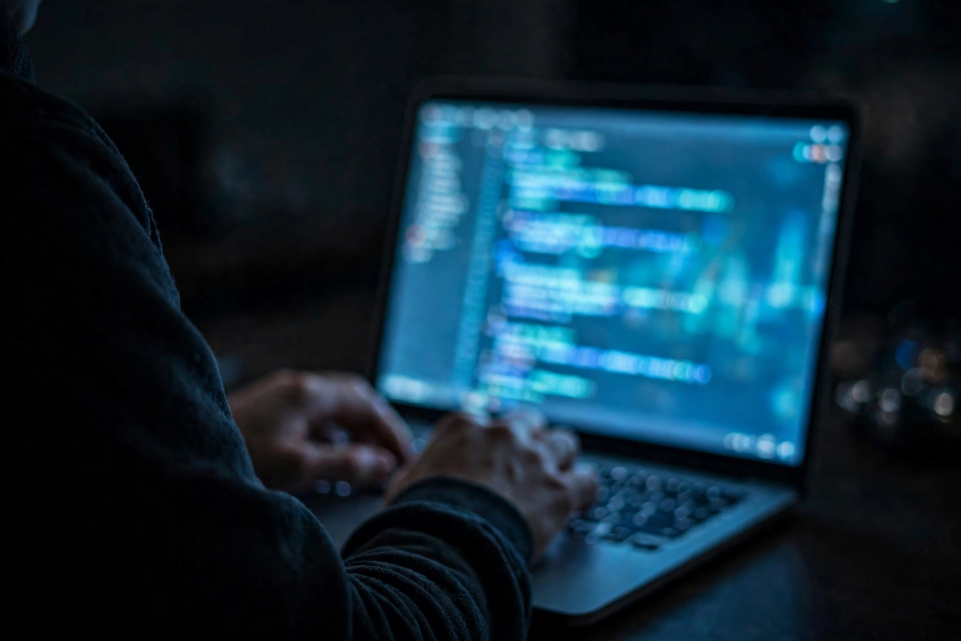 An anonymous person typing on a laptop with glowing code on the screen in a dark room