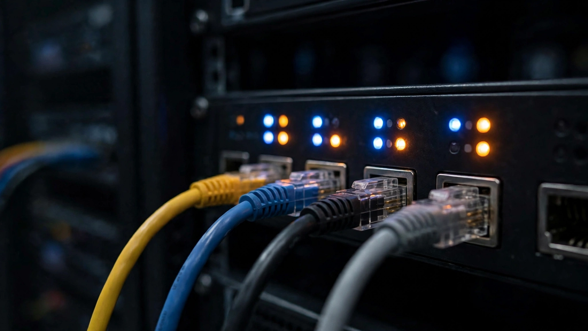 Network cables plugged into server switches with blue and amber indicator lights in a dark server room