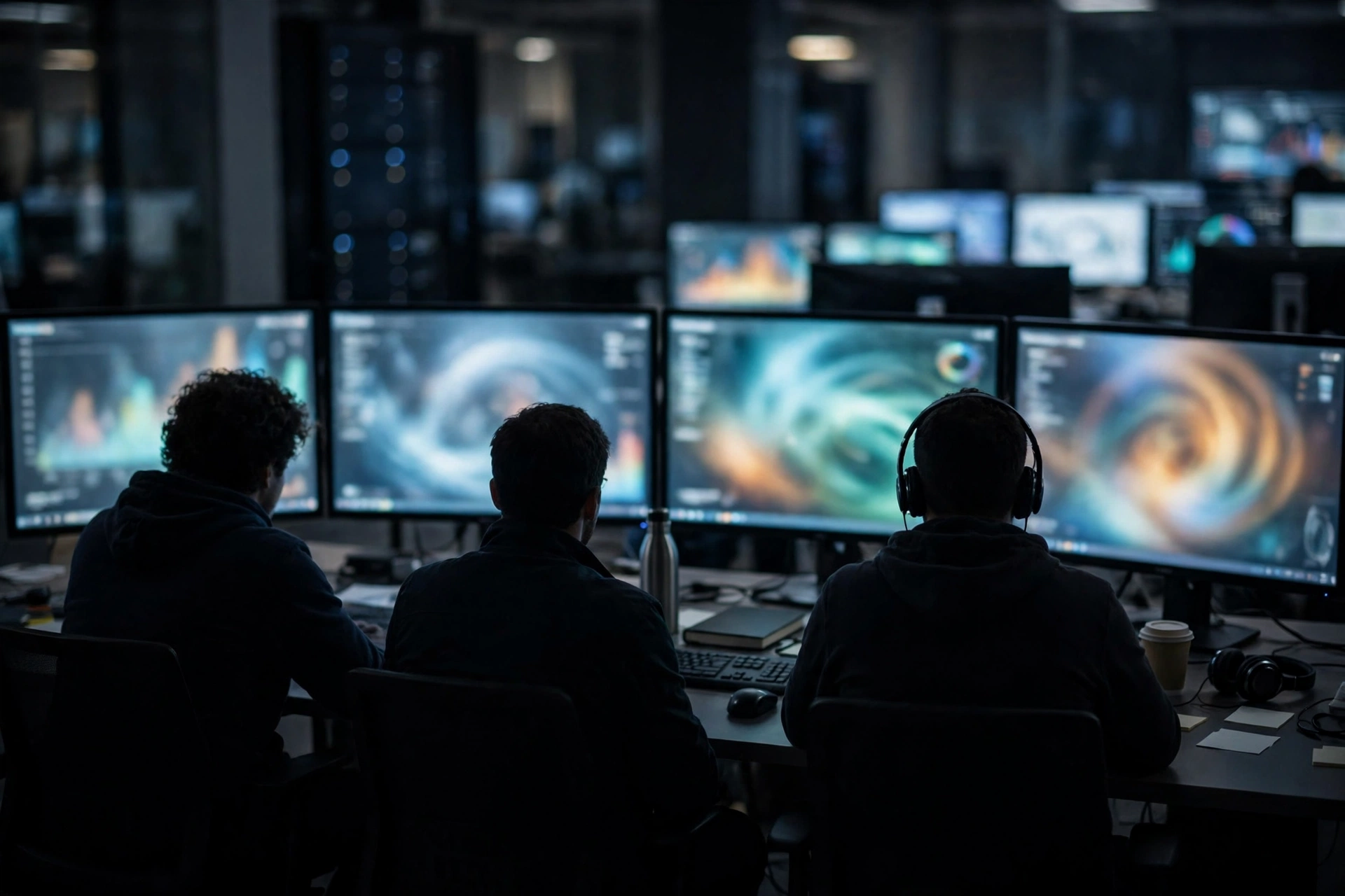 Security analysts seen from behind at desks with multiple monitors in a dim operations center