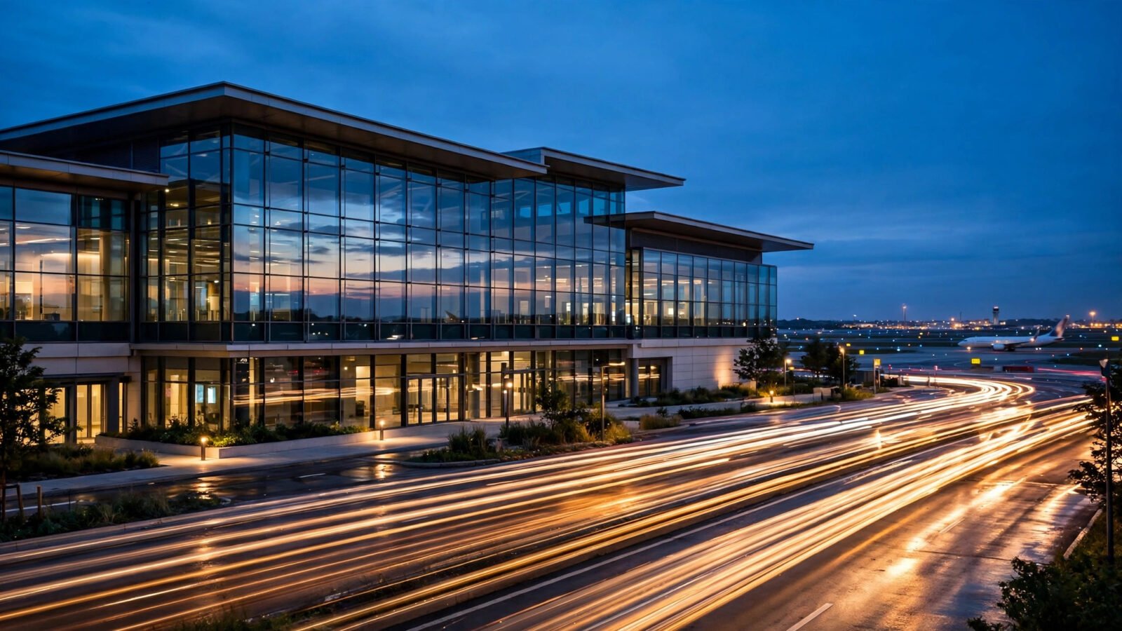 Exterior of a modern international airport terminal building at dusk with light trails from traffic in front