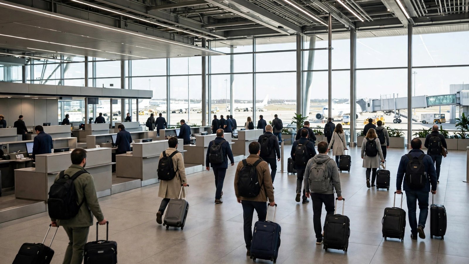 Anonymous travelers with luggage walking through a bright airport departures hall with check-in counters and large windows