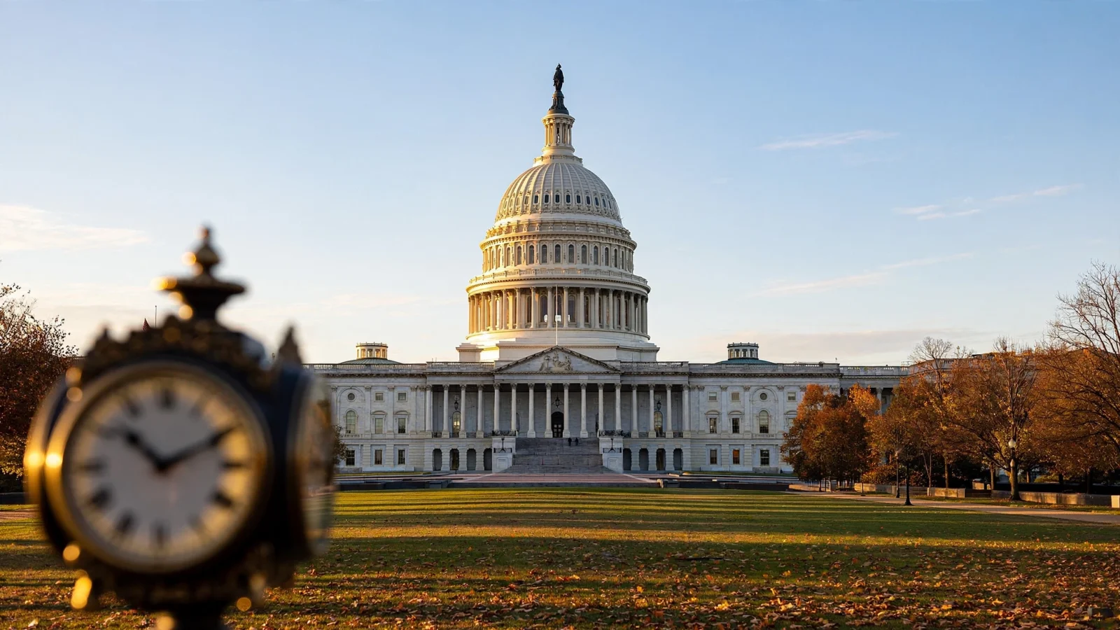 The U.S. Capitol building at dawn with autumn trees and lawn, and a blurred outdoor clock in the foreground