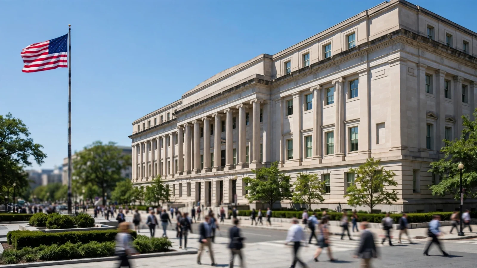 A large stone federal government office building with columns in Washington, with an American flag flying on a pole in front