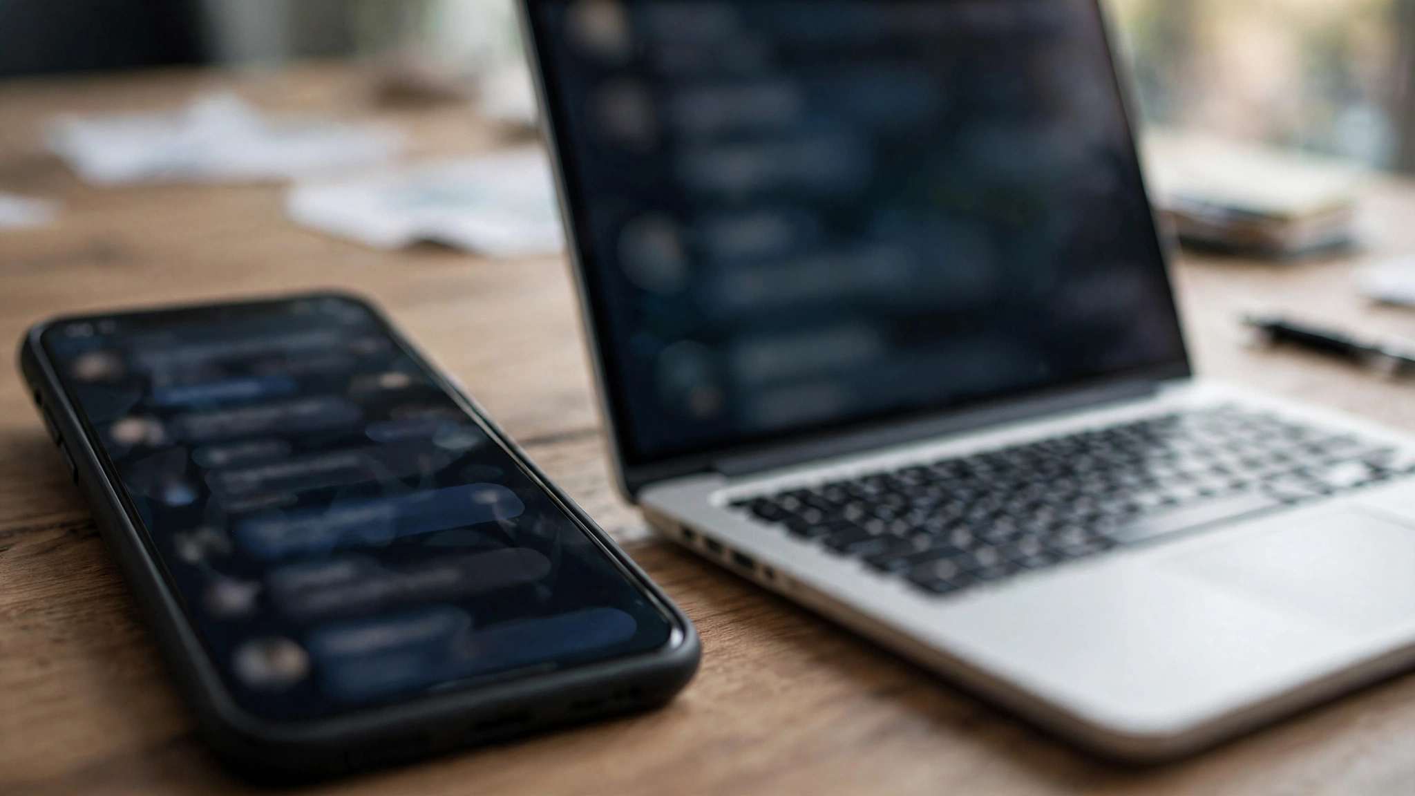 A smartphone and a laptop showing blurred messaging screens on a wooden office desk