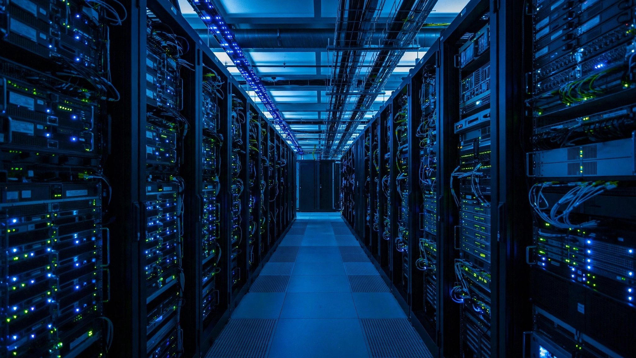 Rows of computer servers with blinking lights along a data center corridor