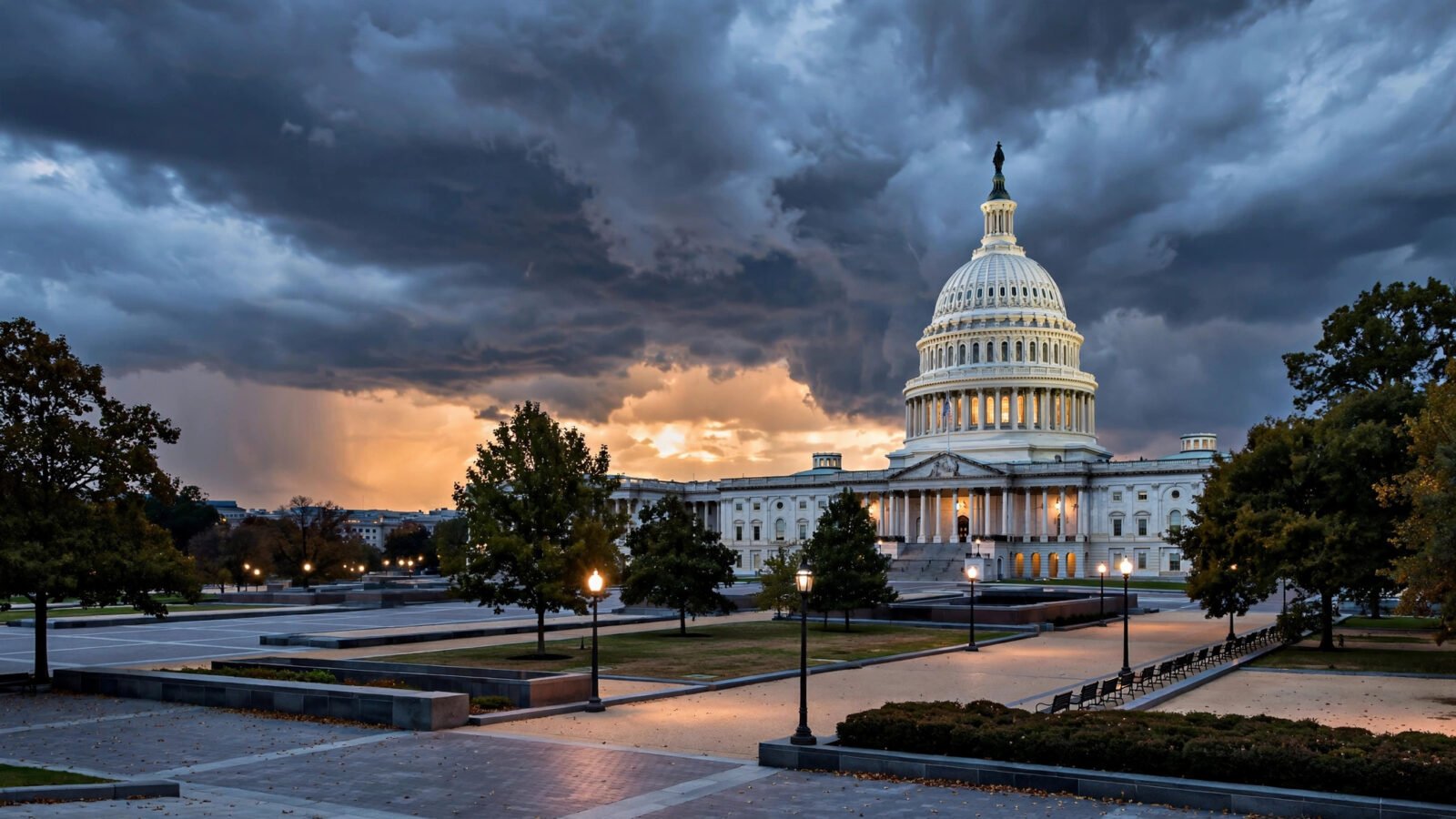 The US Capitol dome photographed at dusk under dark clouds in Washington DC