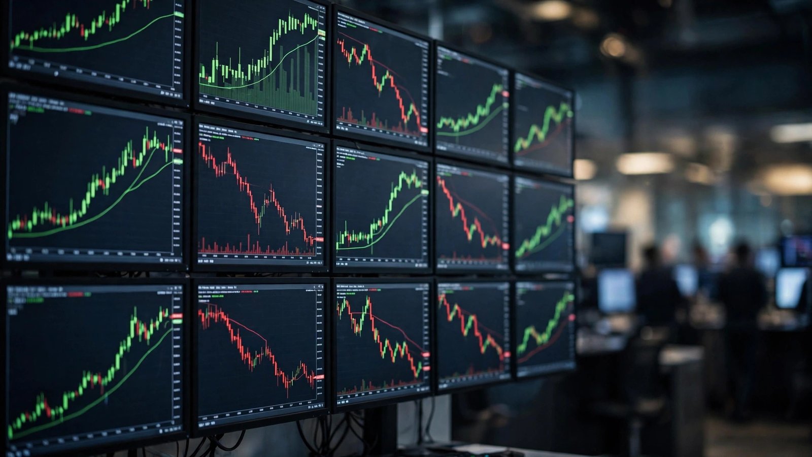 A wall of monitors showing red and green financial market charts on a trading floor