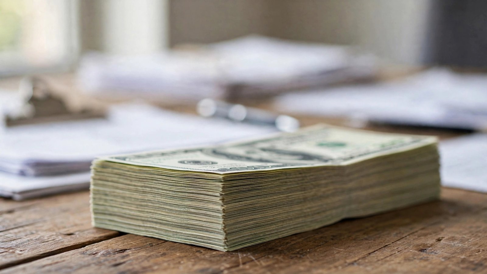 A stack of hundred-dollar bills on a wooden desk with blurred paperwork in the background