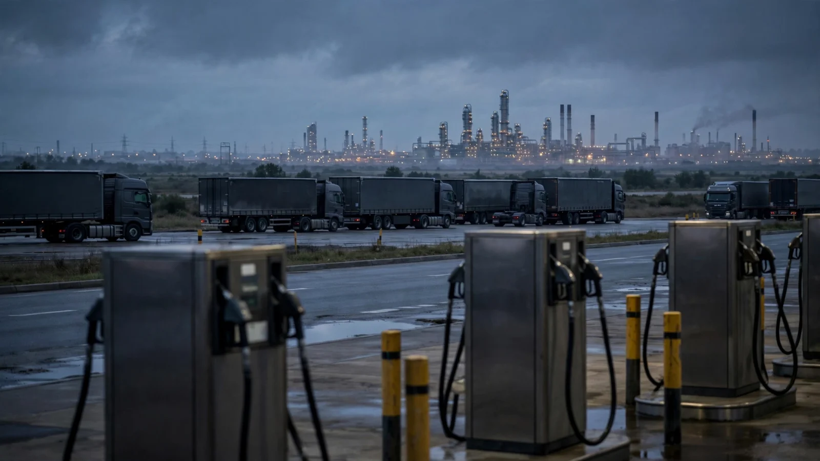 Semi trucks parked at a fuel station at dusk with fuel pumps in the foreground and an illuminated oil refinery on the horizon.