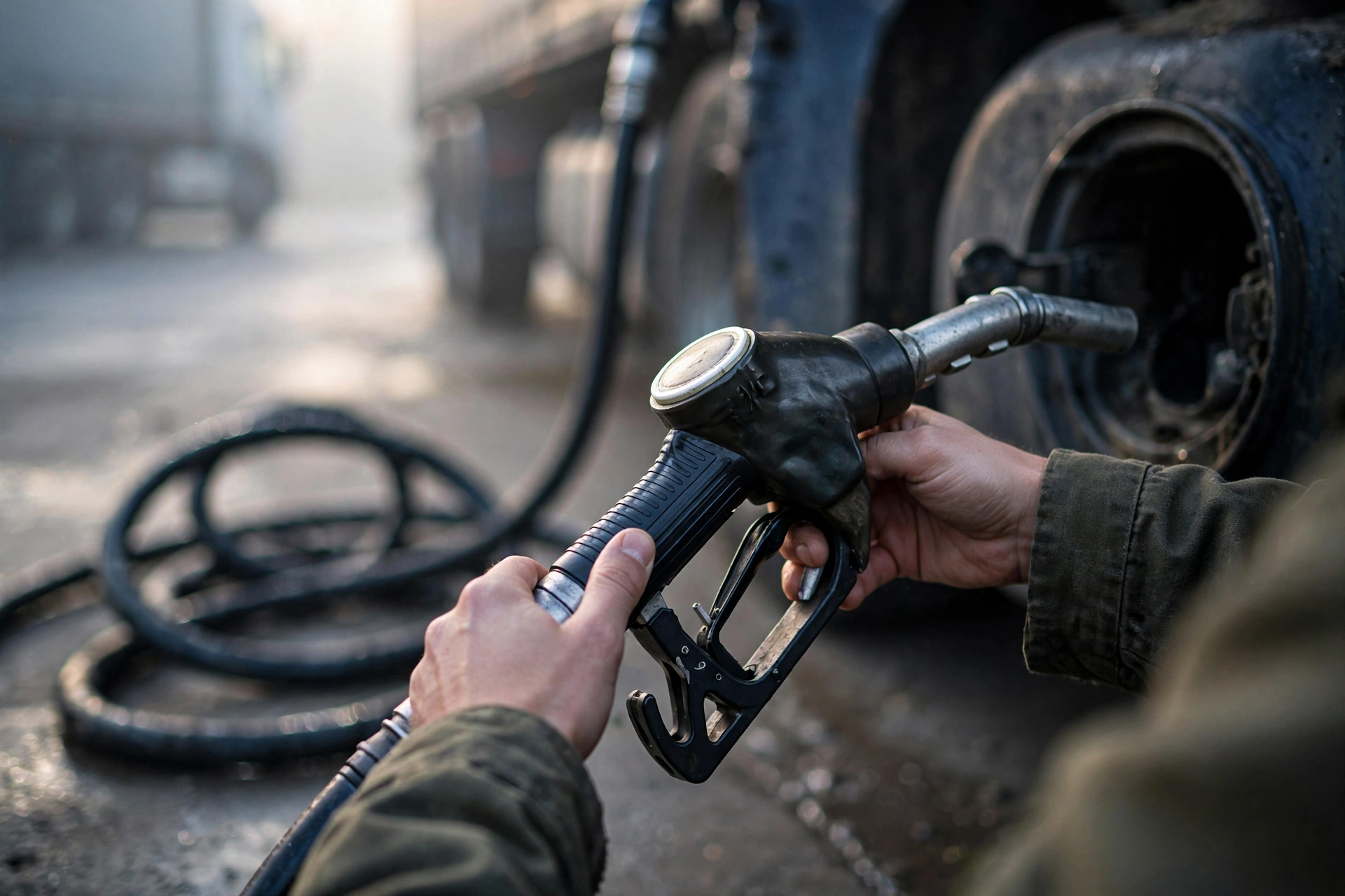 A fuel nozzle being held toward a truck's fuel tank at a truck stop.
