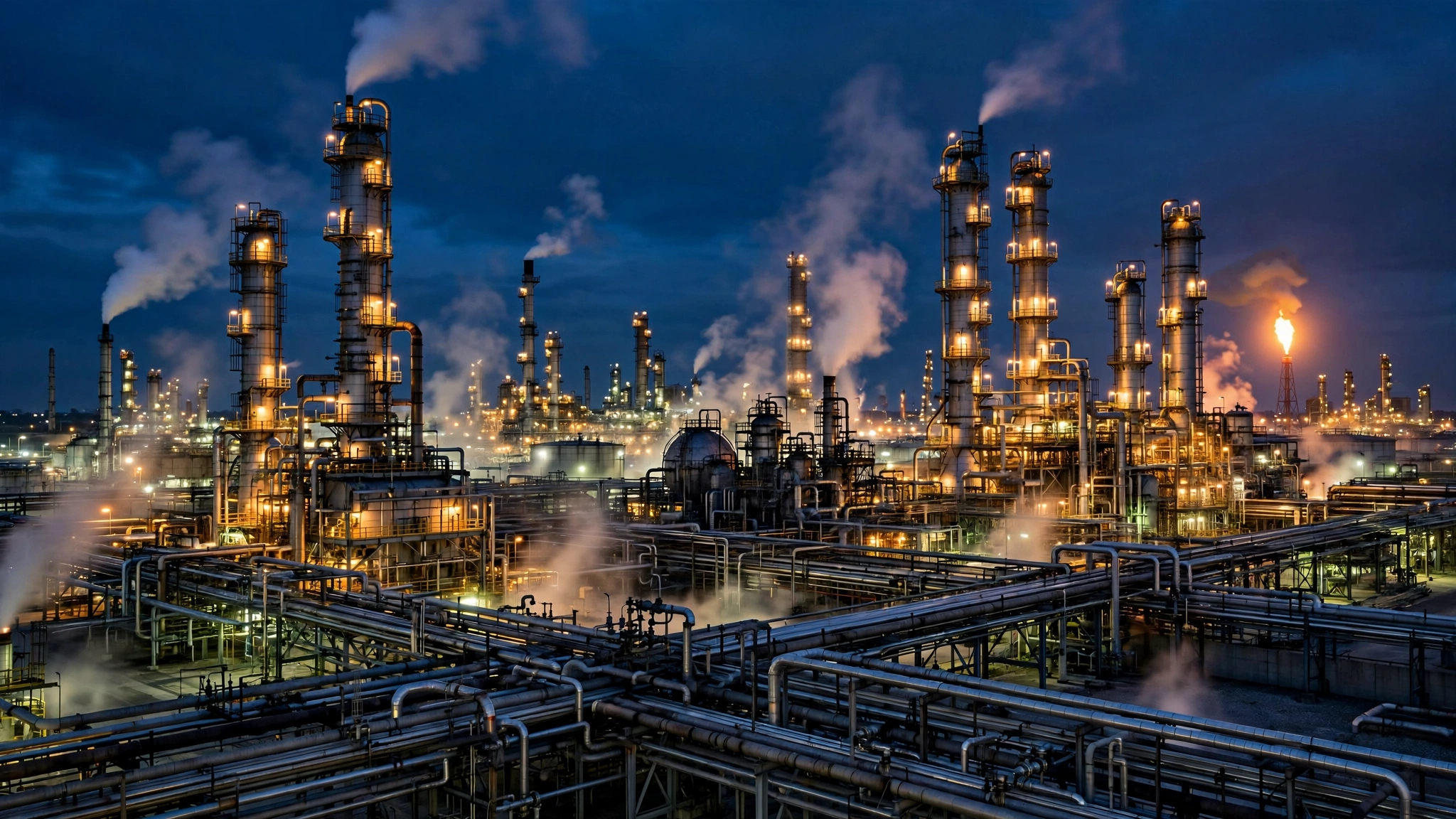 An oil refinery at night with illuminated distillation towers and steam rising from its stacks.