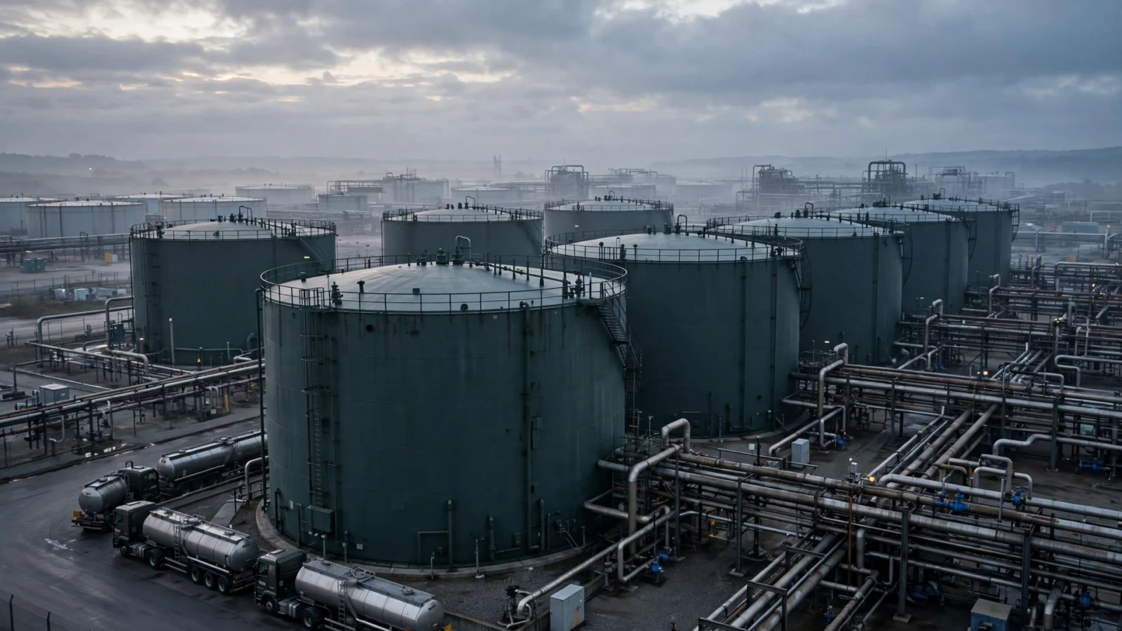 Rows of large diesel fuel storage tanks at an industrial fuel terminal at dawn.