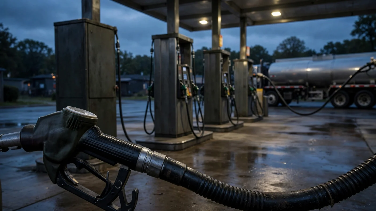A diesel fuel pump nozzle in the foreground at a gas station at dusk, with fuel pumps and a tanker truck in the background
